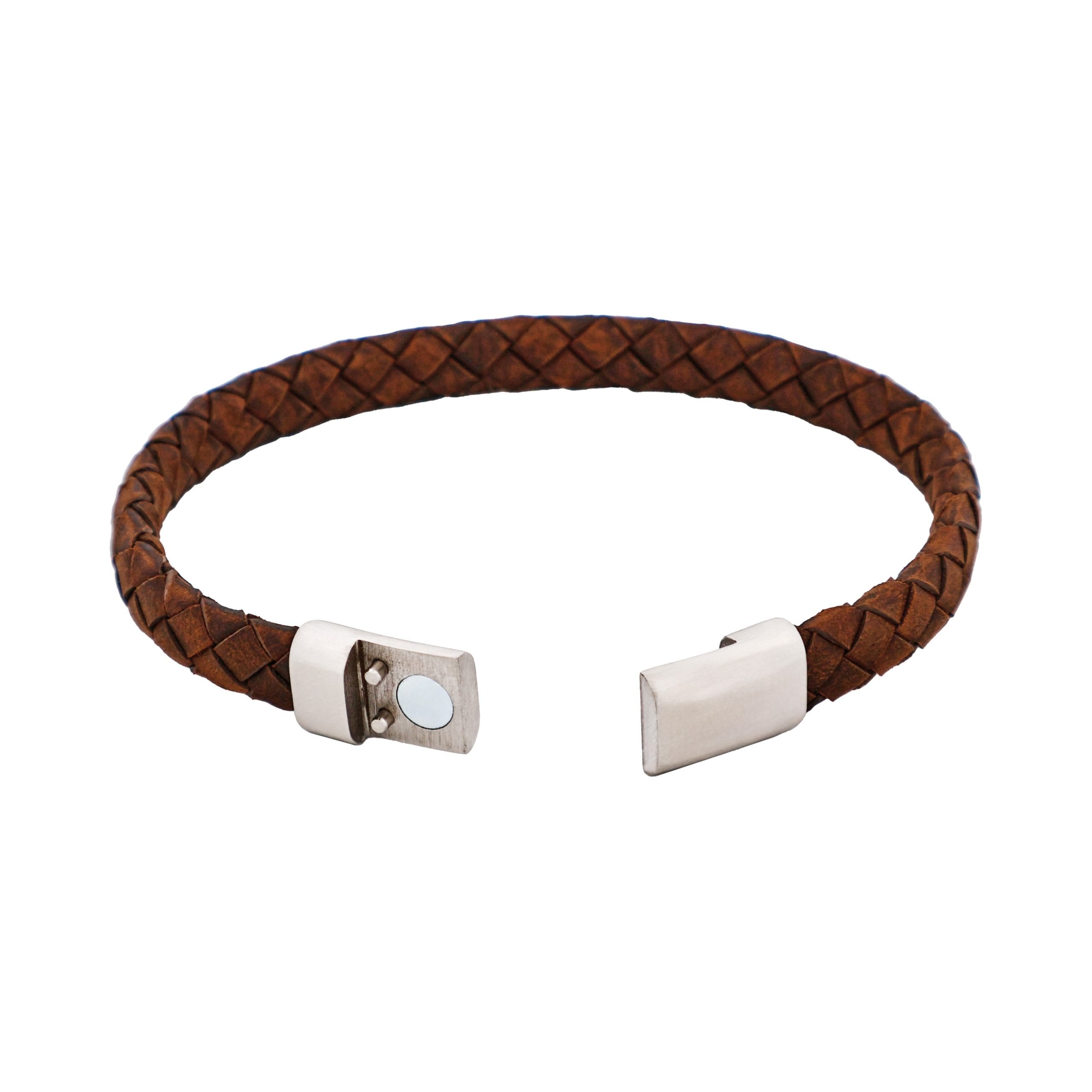 Thin Brown Italian Leather & Stainless Steel Bracelet