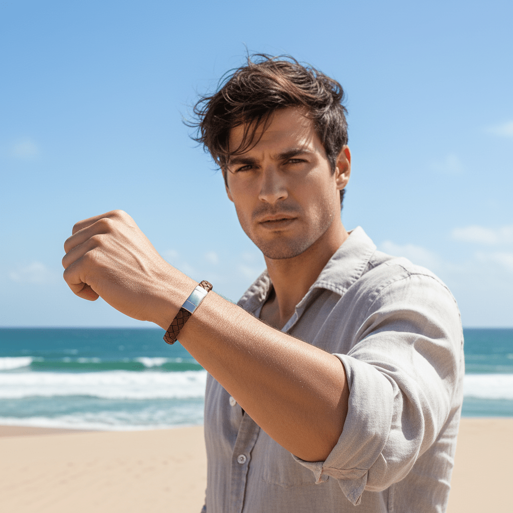 Thin Brown Italian Leather & Stainless Steel Bracelet