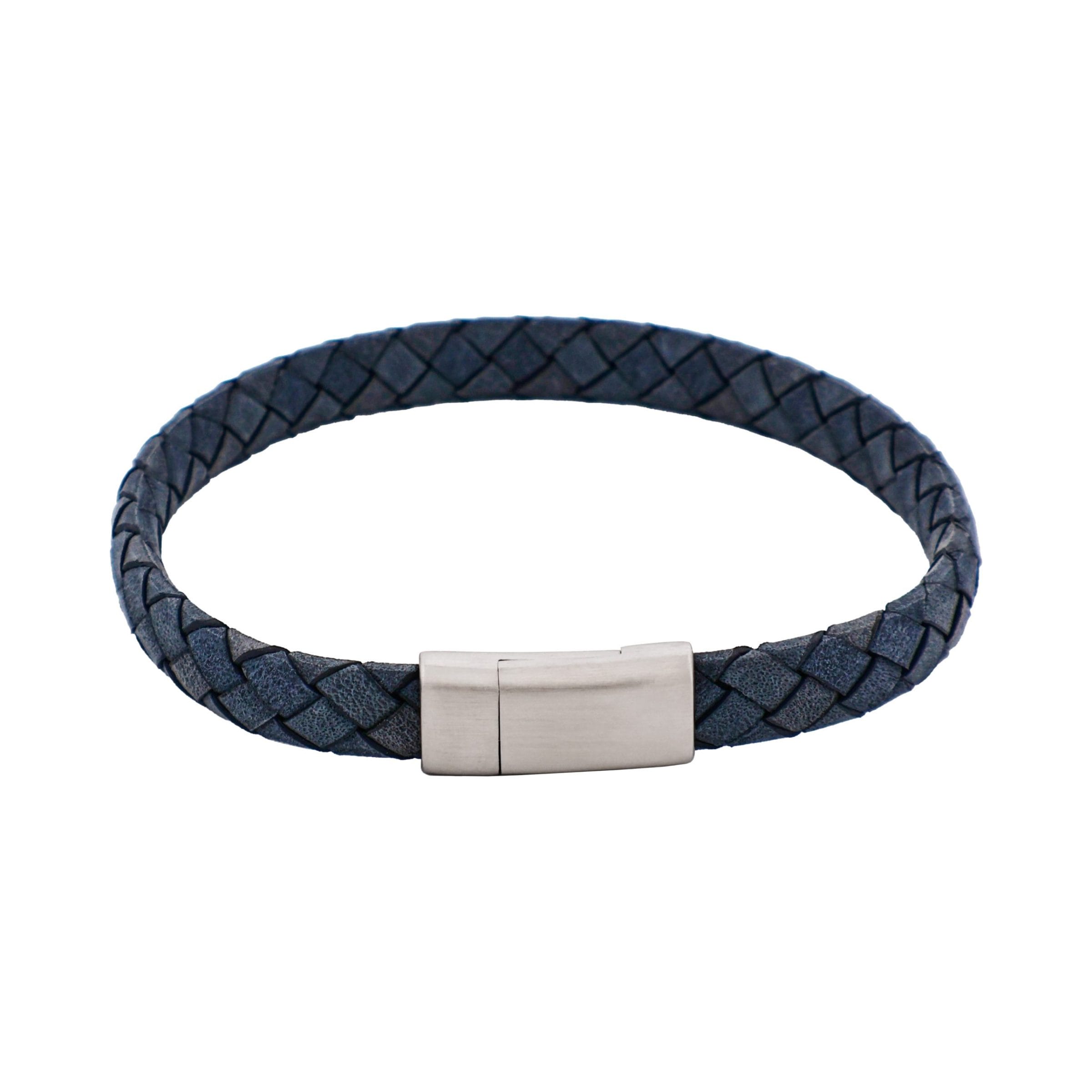 Thin Blue Italian Leather & Stainless Steel Bracelet
