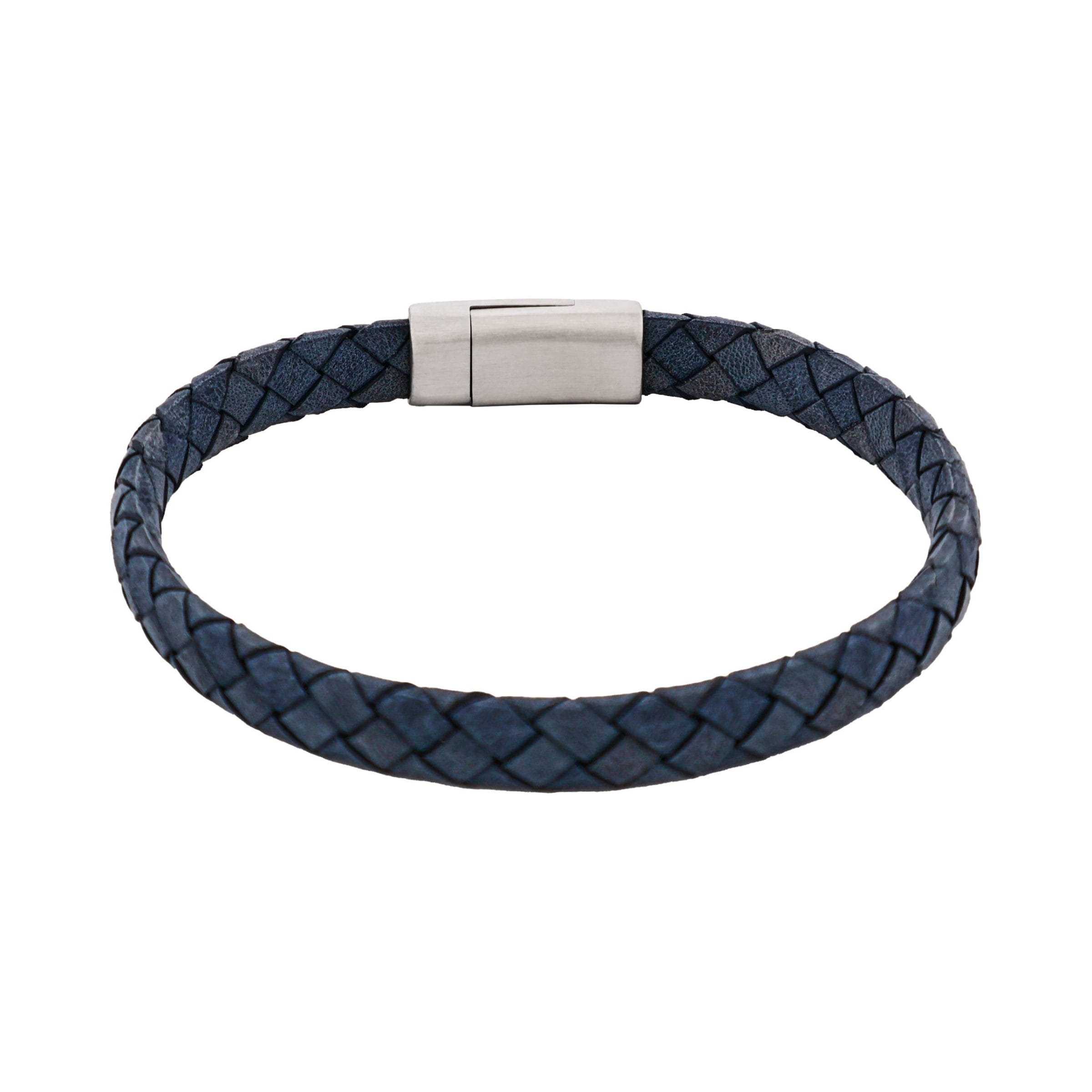 Thin Blue Italian Leather & Stainless Steel Bracelet