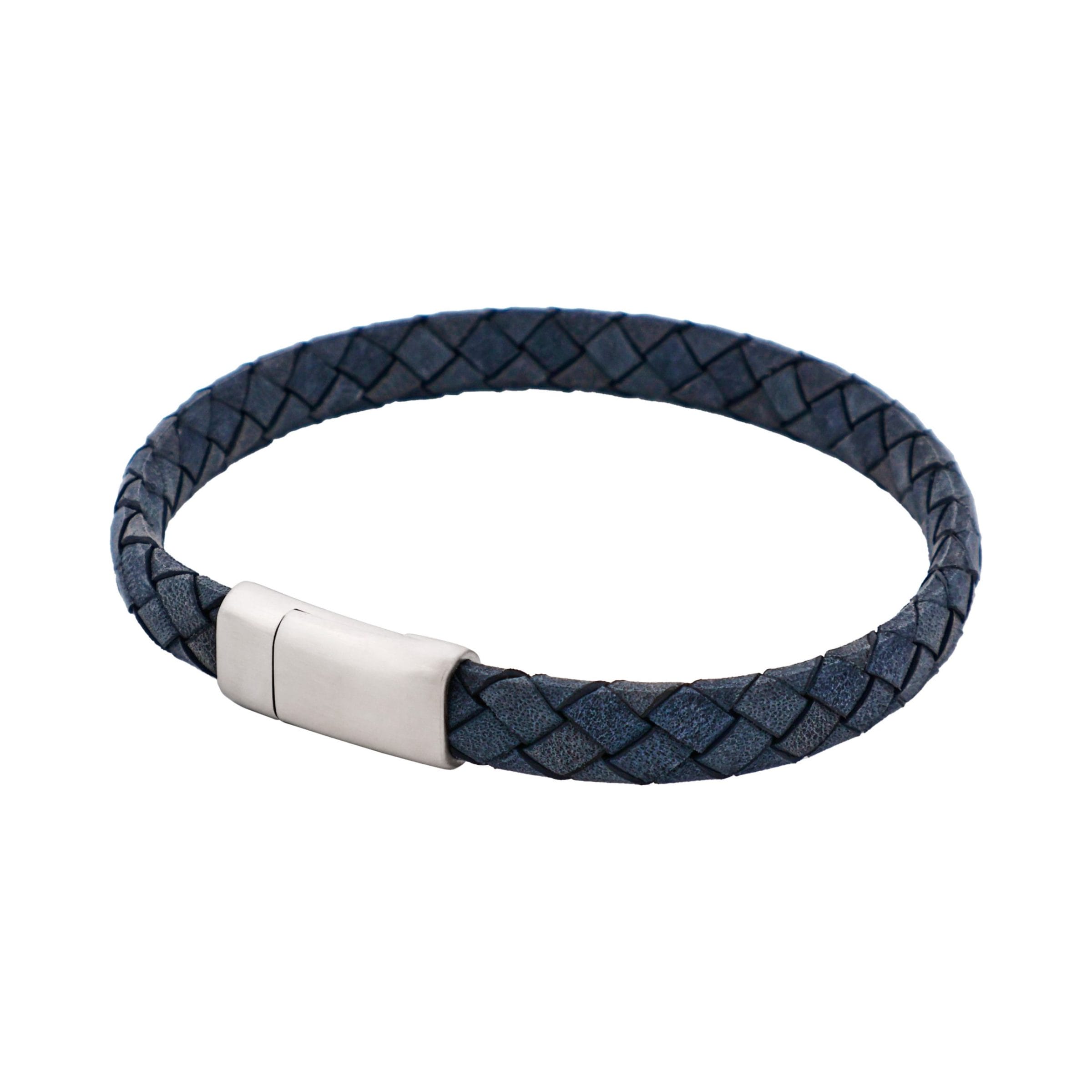 Thin Blue Italian Leather & Stainless Steel Bracelet