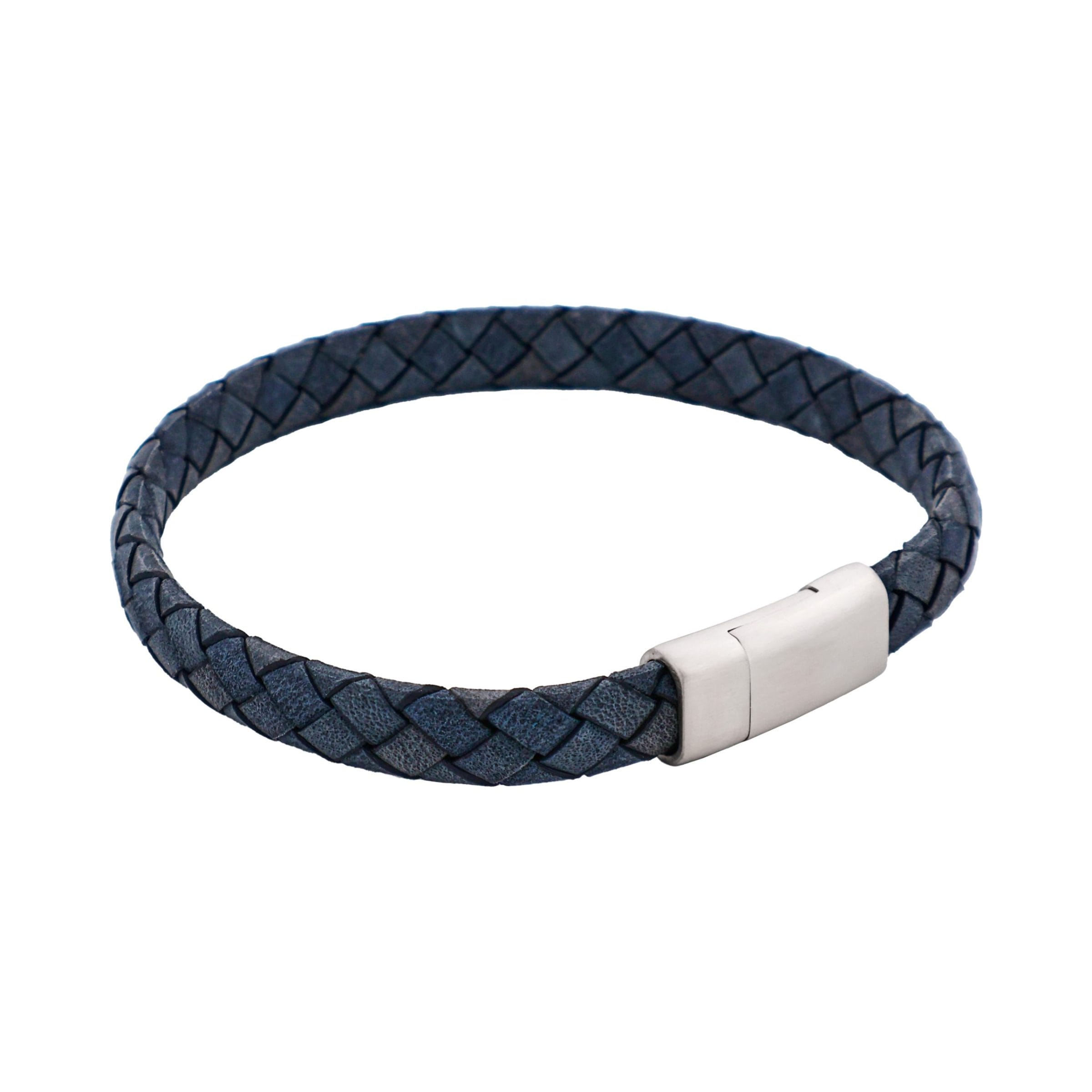 Thin Blue Italian Leather & Stainless Steel Bracelet