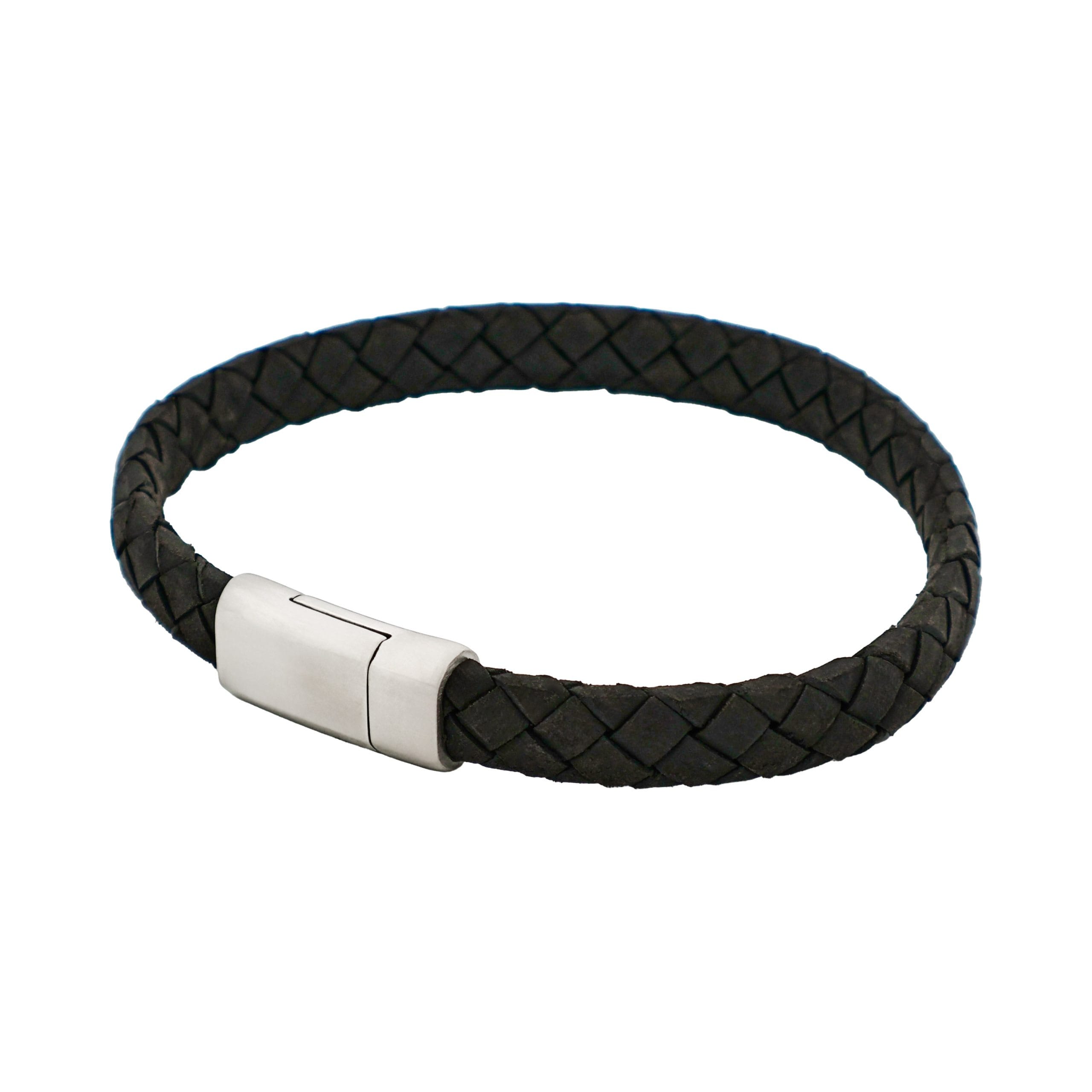 Thin Black Italian Leather & Stainless Steel Bracelet