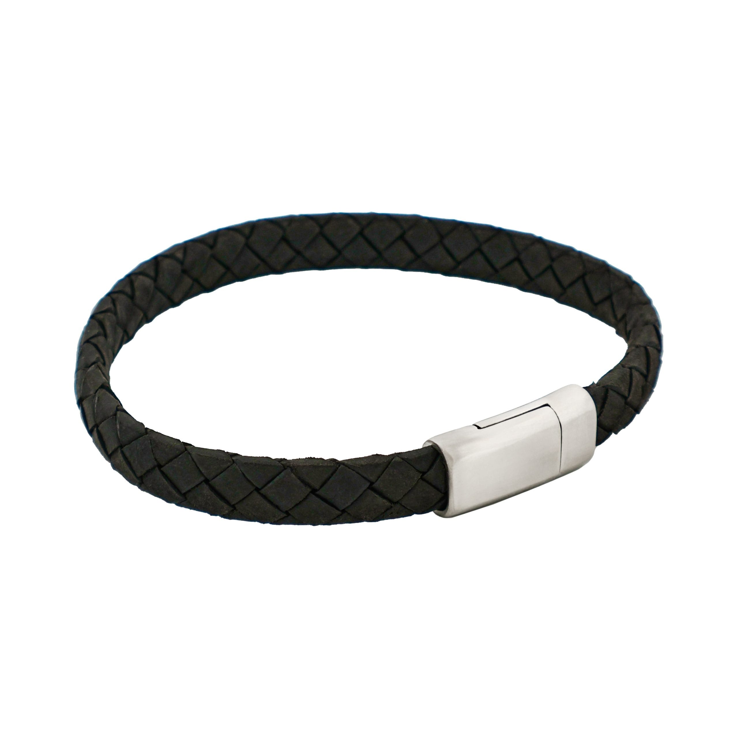 Thin Black Italian Leather & Stainless Steel Bracelet