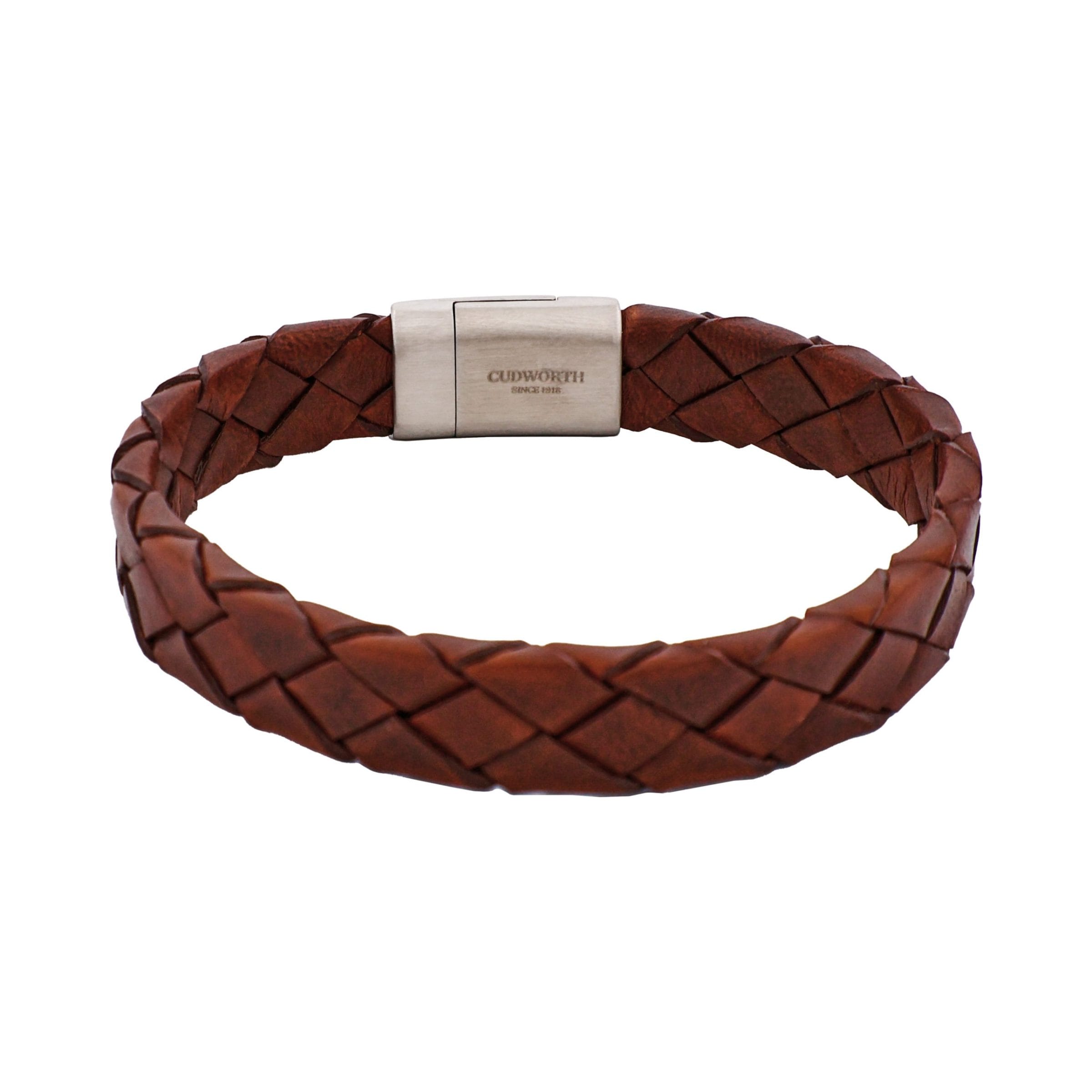 Burnished Cognac Leather Stainless Steel Bracelet 21.5cm