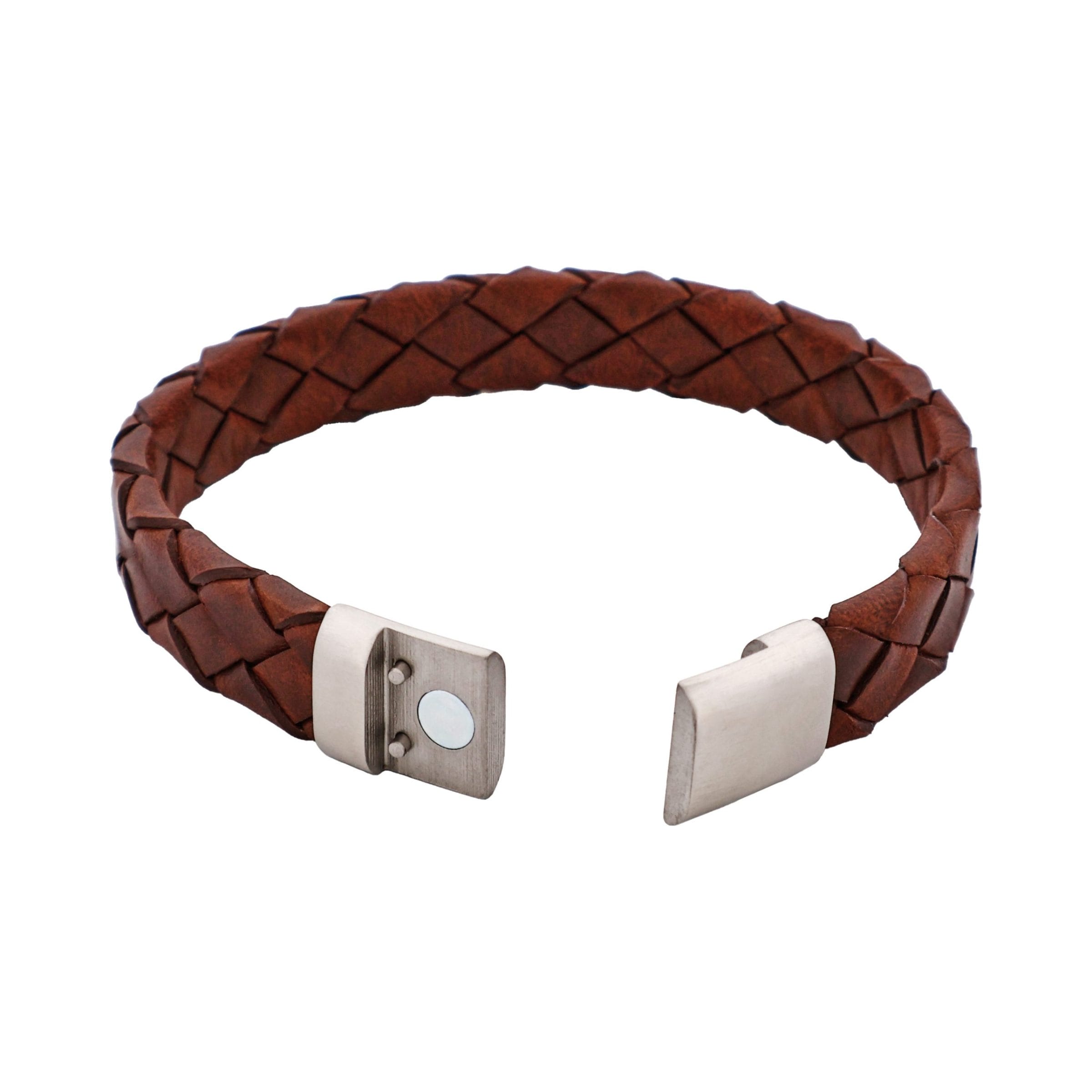 Burnished Cognac Leather Stainless Steel Bracelet 21.5cm