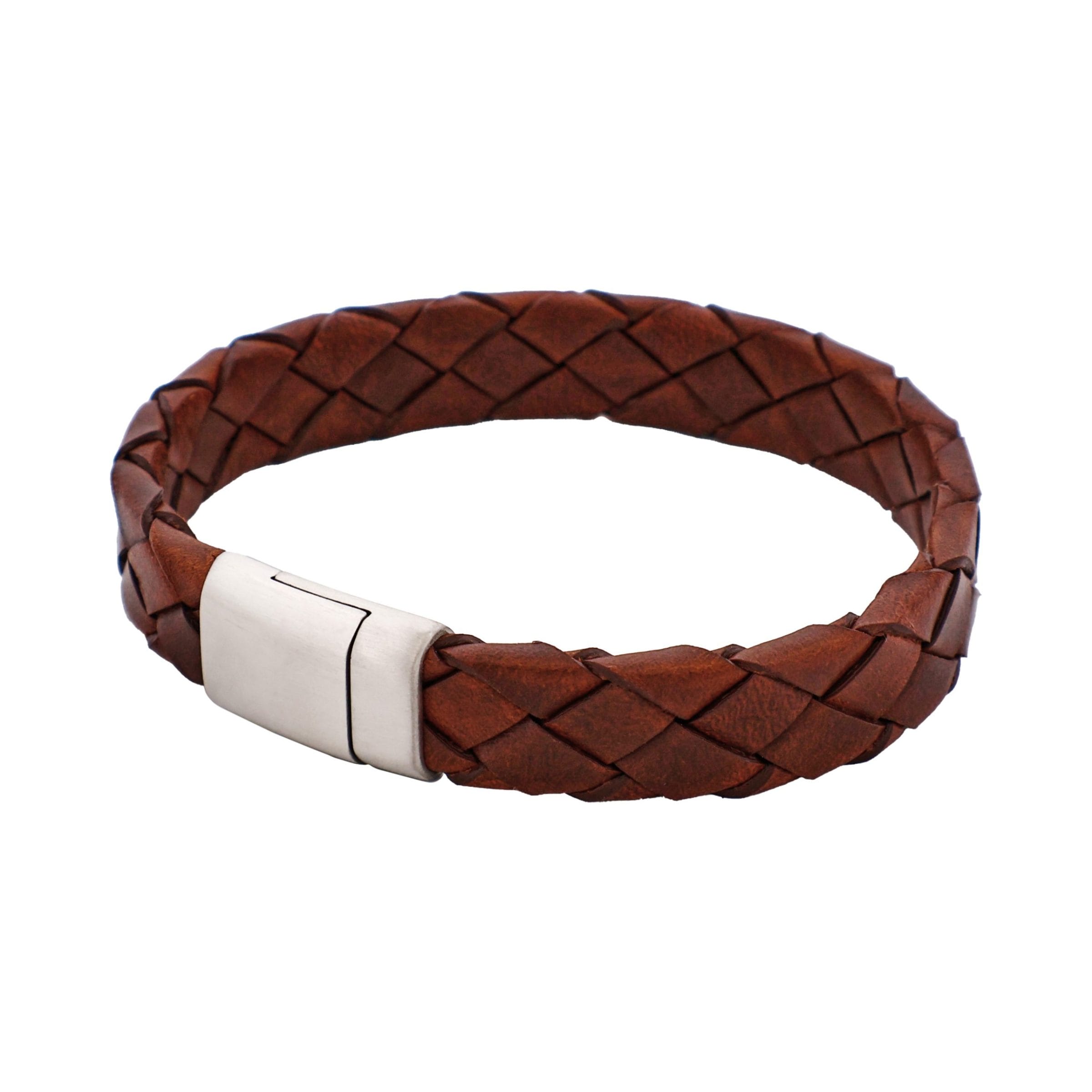 Burnished Cognac Leather Stainless Steel Bracelet 21.5cm