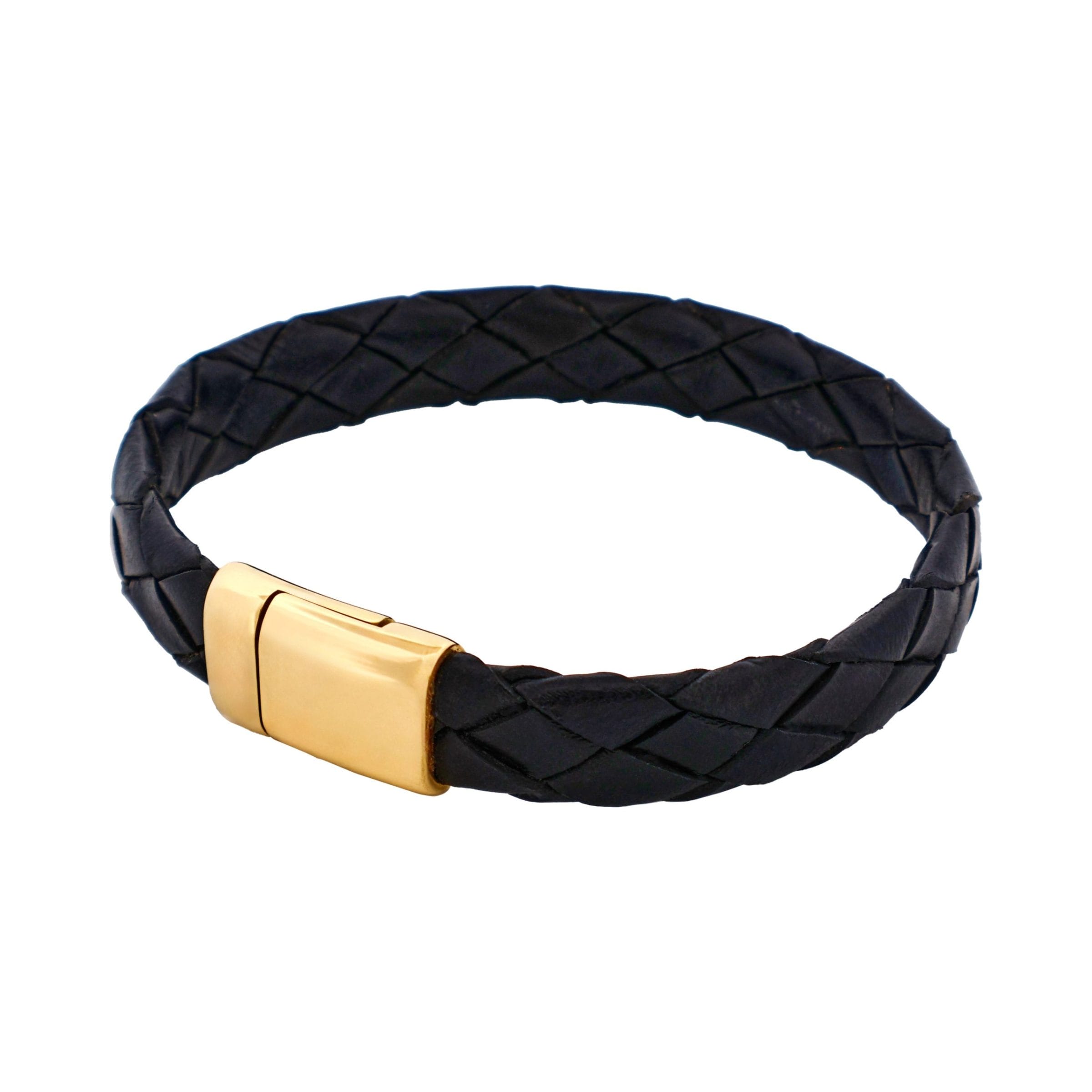 Ip14k Gold Stainless Steel & Black Calf Leather Bracelet