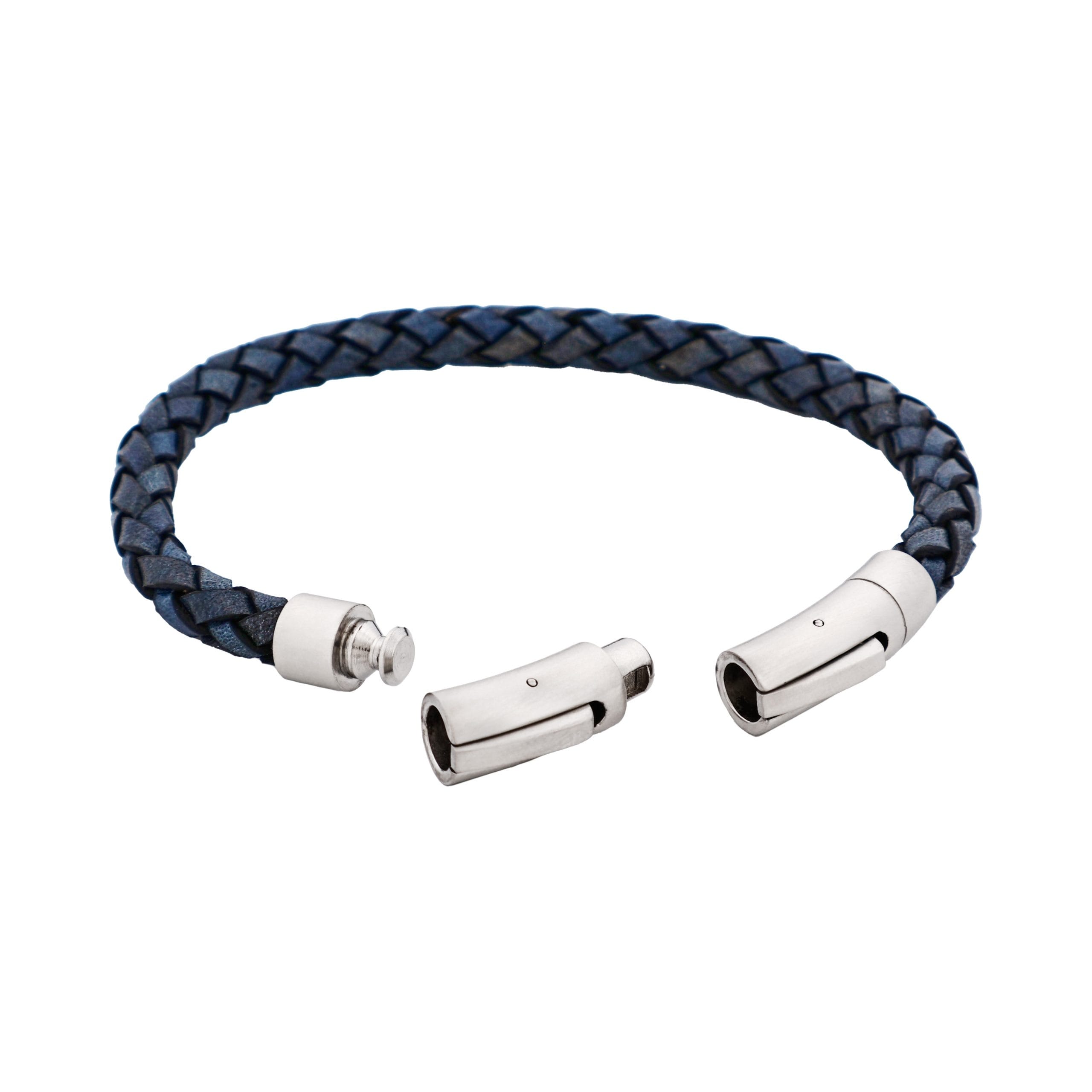 Dark Navy Italian Leather & Stainless Steel Bracelet