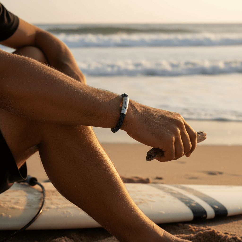 Dark Navy Italian Leather & Stainless Steel Bracelet