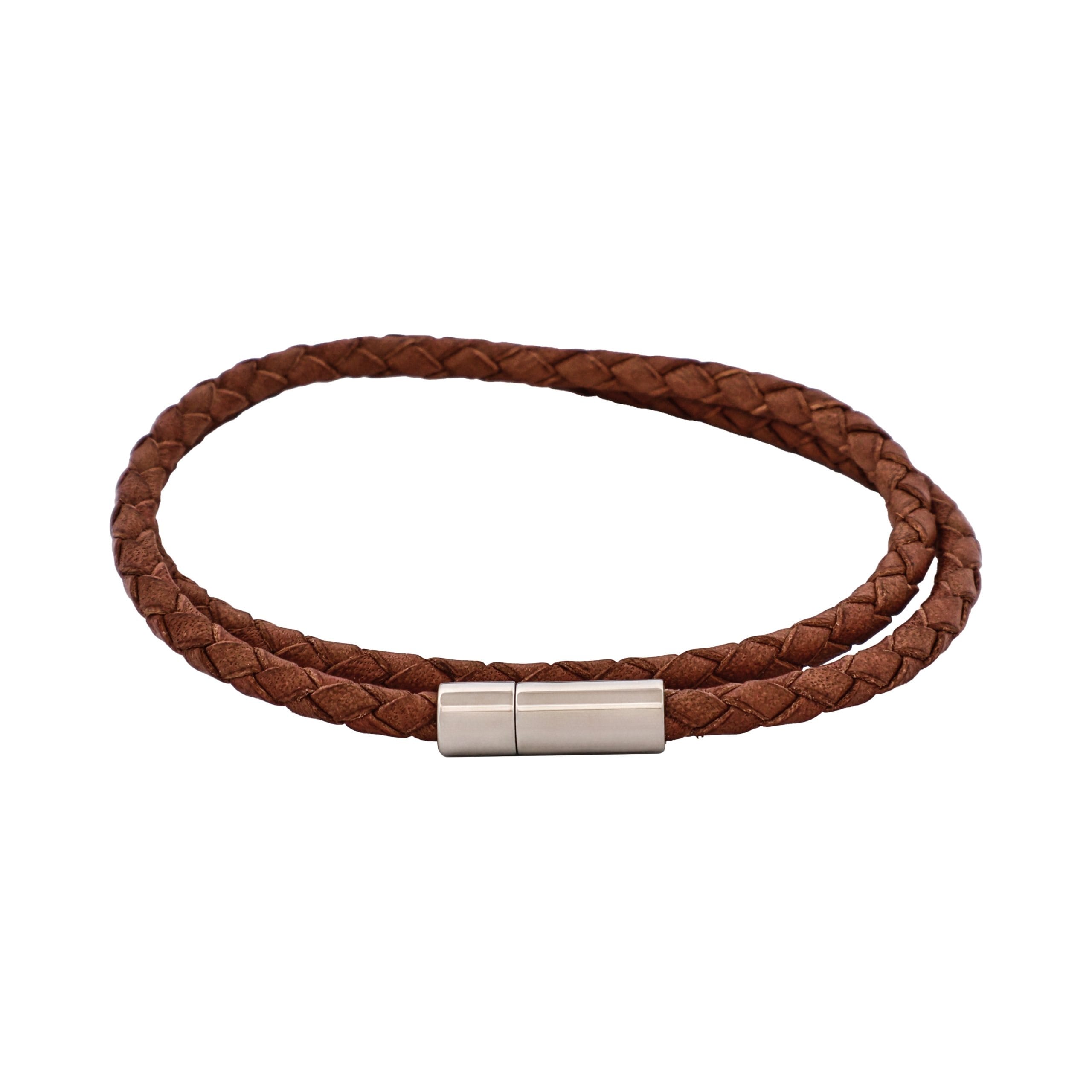 Tan Leather Double Wrap Bracelet with Polished Stainless Steel Clasp