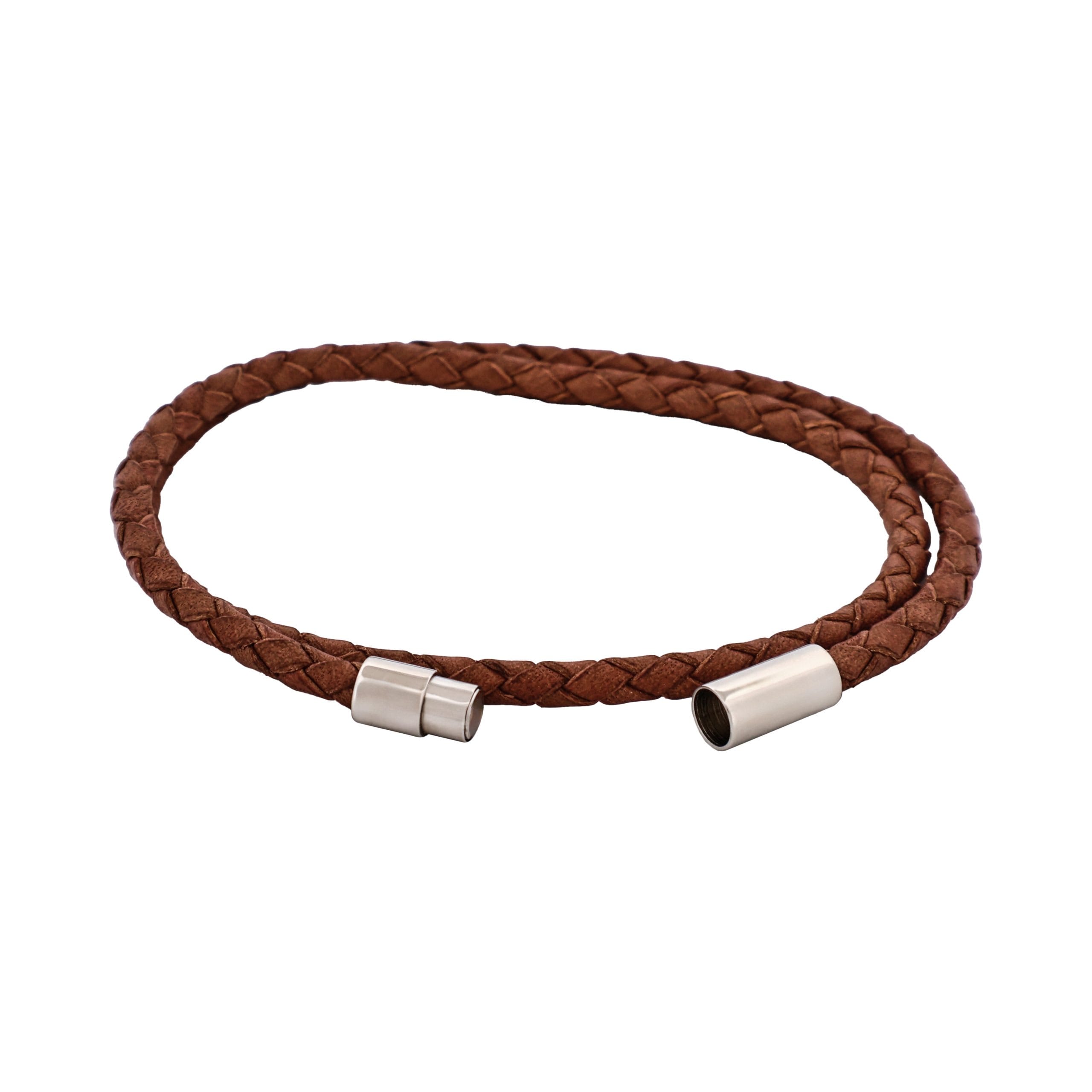 Tan Leather Double Wrap Bracelet with Polished Stainless Steel Clasp