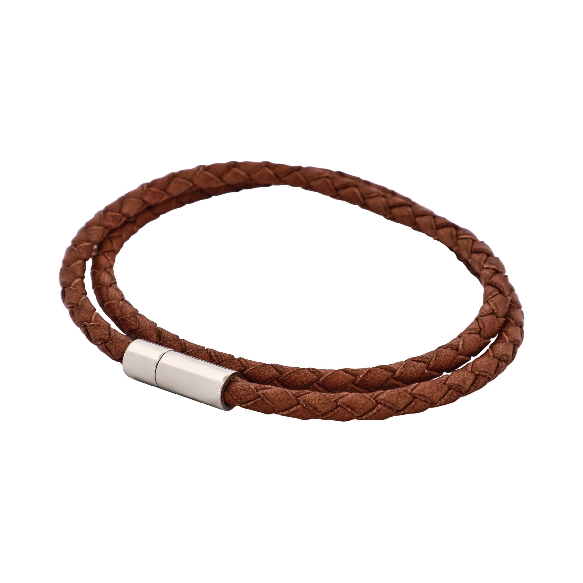 Tan Leather Double Wrap Bracelet with Polished Stainless Steel Clasp