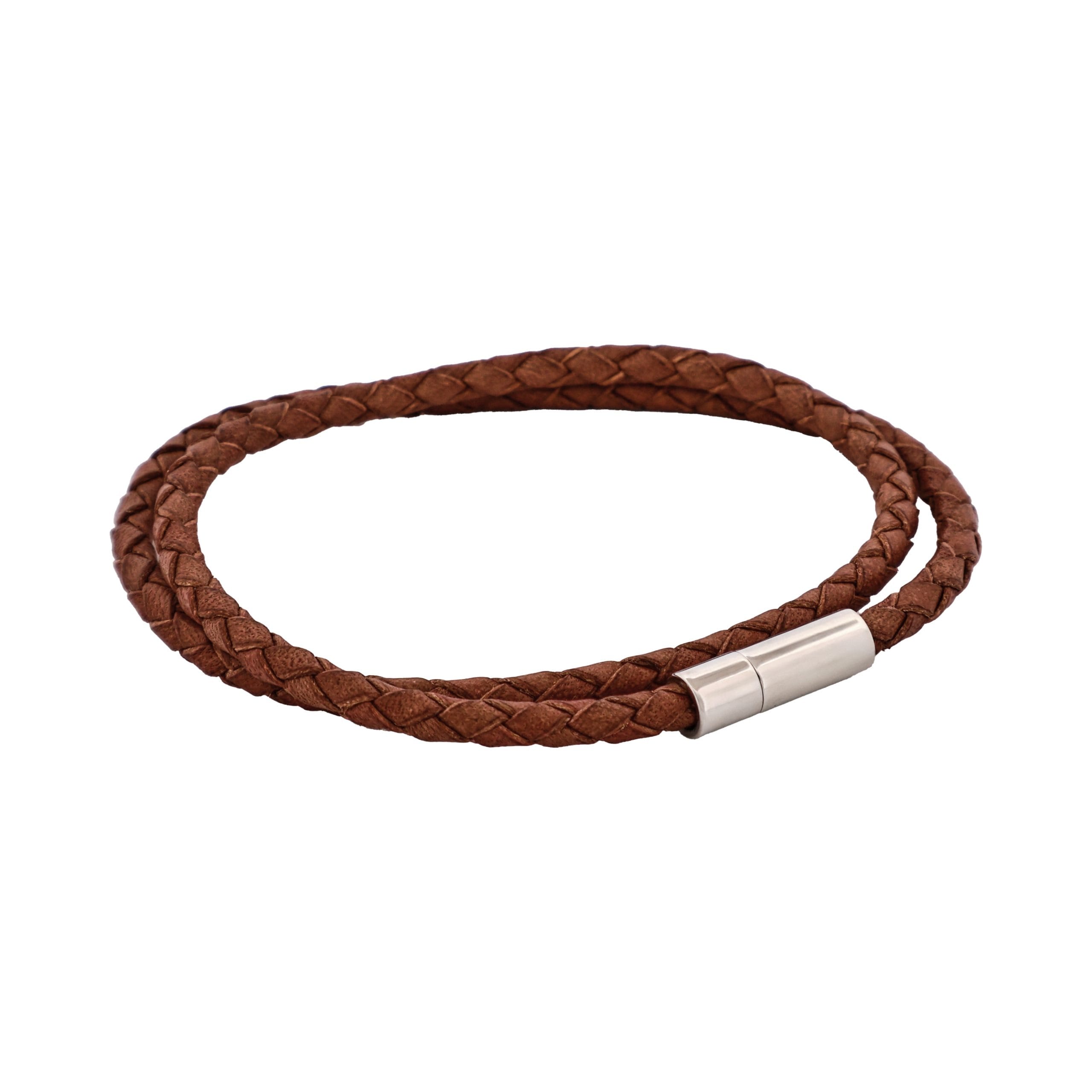 Tan Leather Double Wrap Bracelet with Polished Stainless Steel Clasp