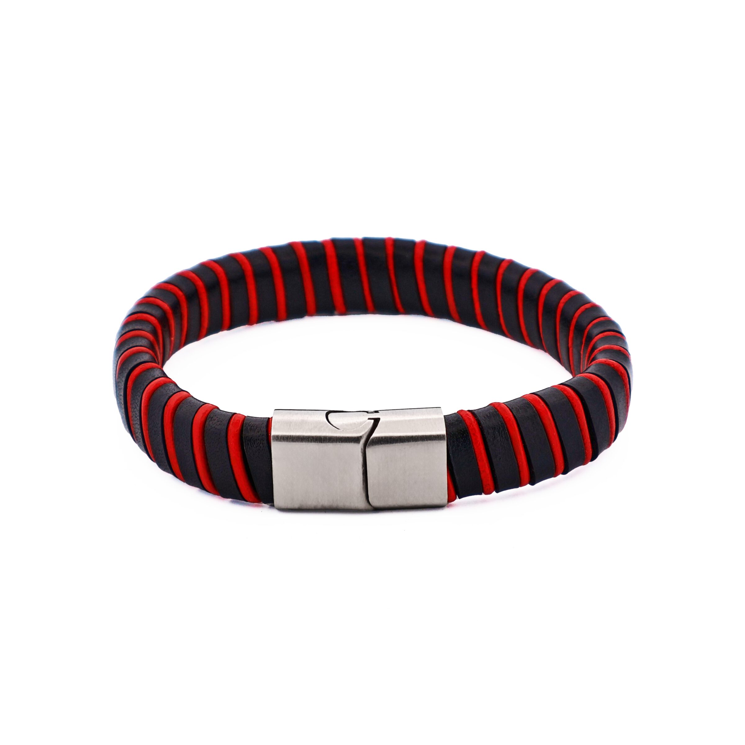 Black & Red Leather Bracelet with Stainless Steel Clasp