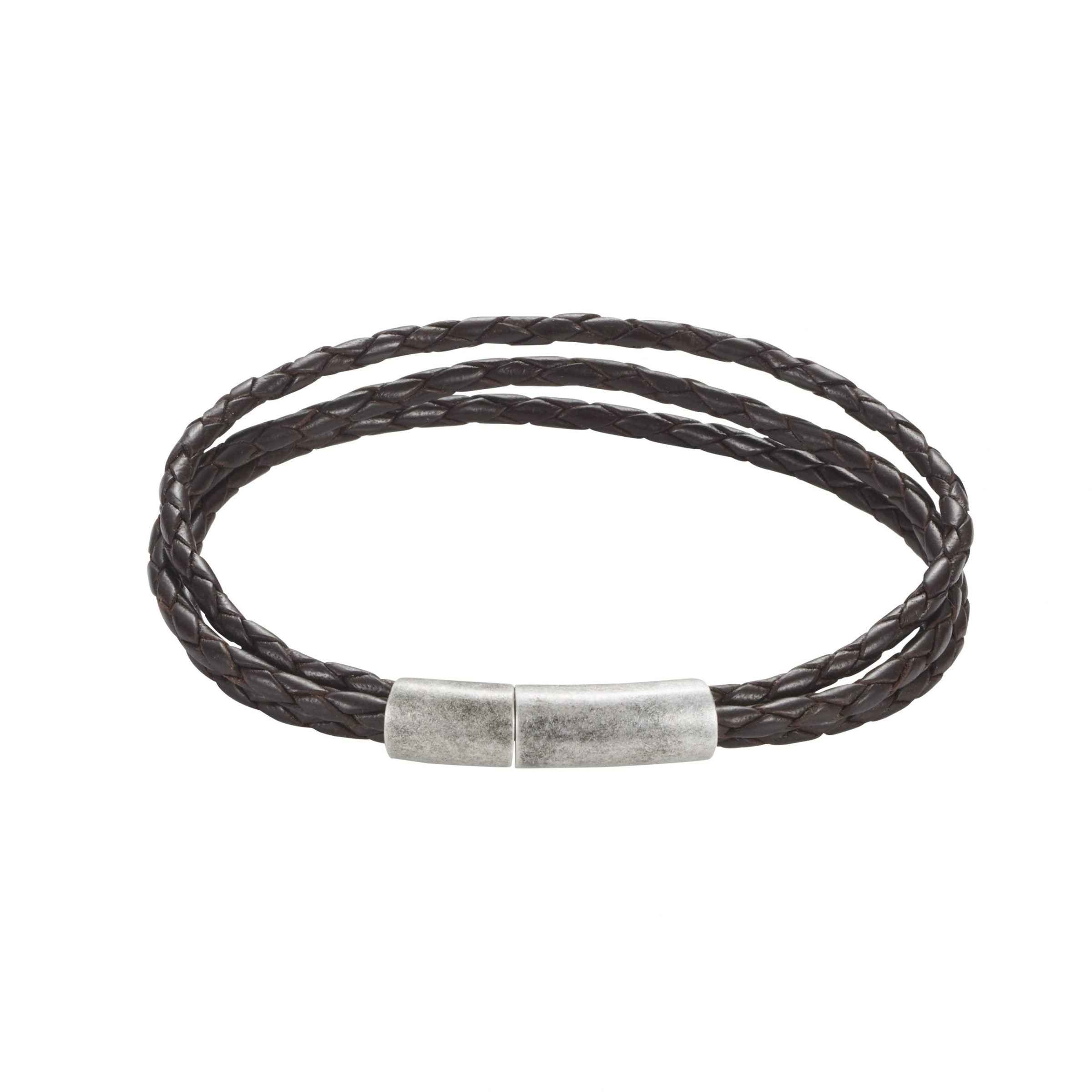 Black Leather Triple Strand Bracelet with Antique Plated Stainless Steel Clasp