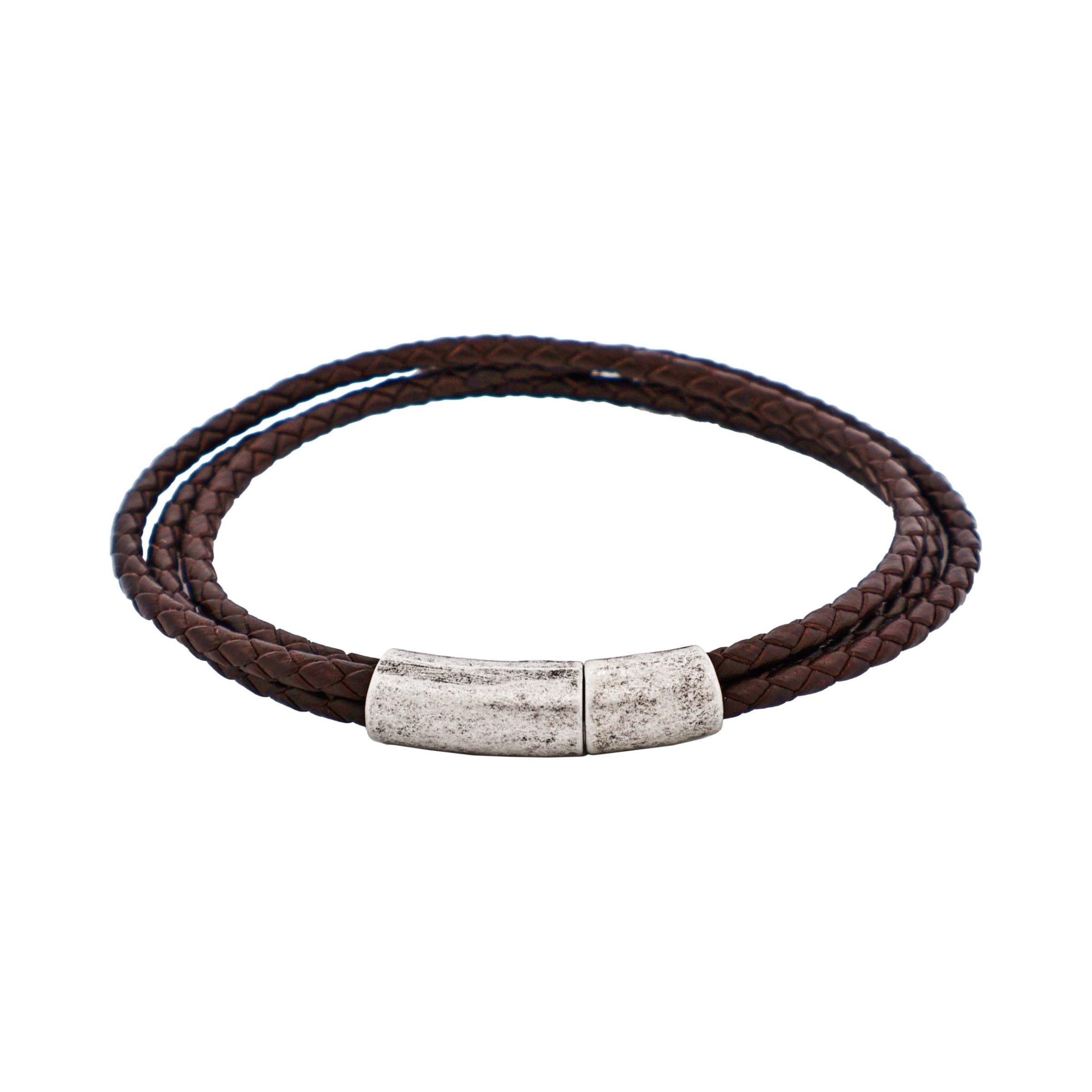 Brown Leather Triple Strand Bracelet with Antique Plated Stainless Steel Clasp