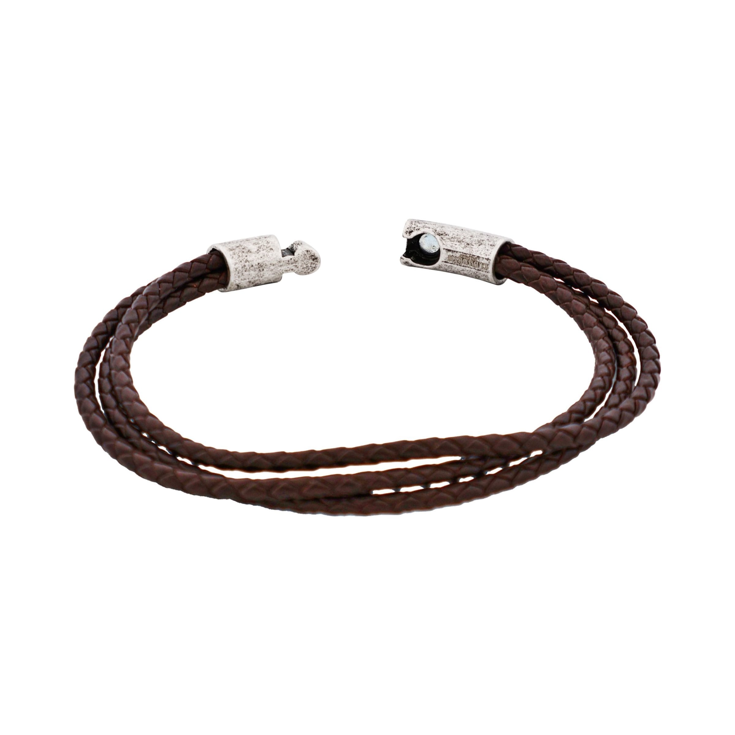 Brown Leather Triple Strand Bracelet with Antique Plated Stainless Steel Clasp