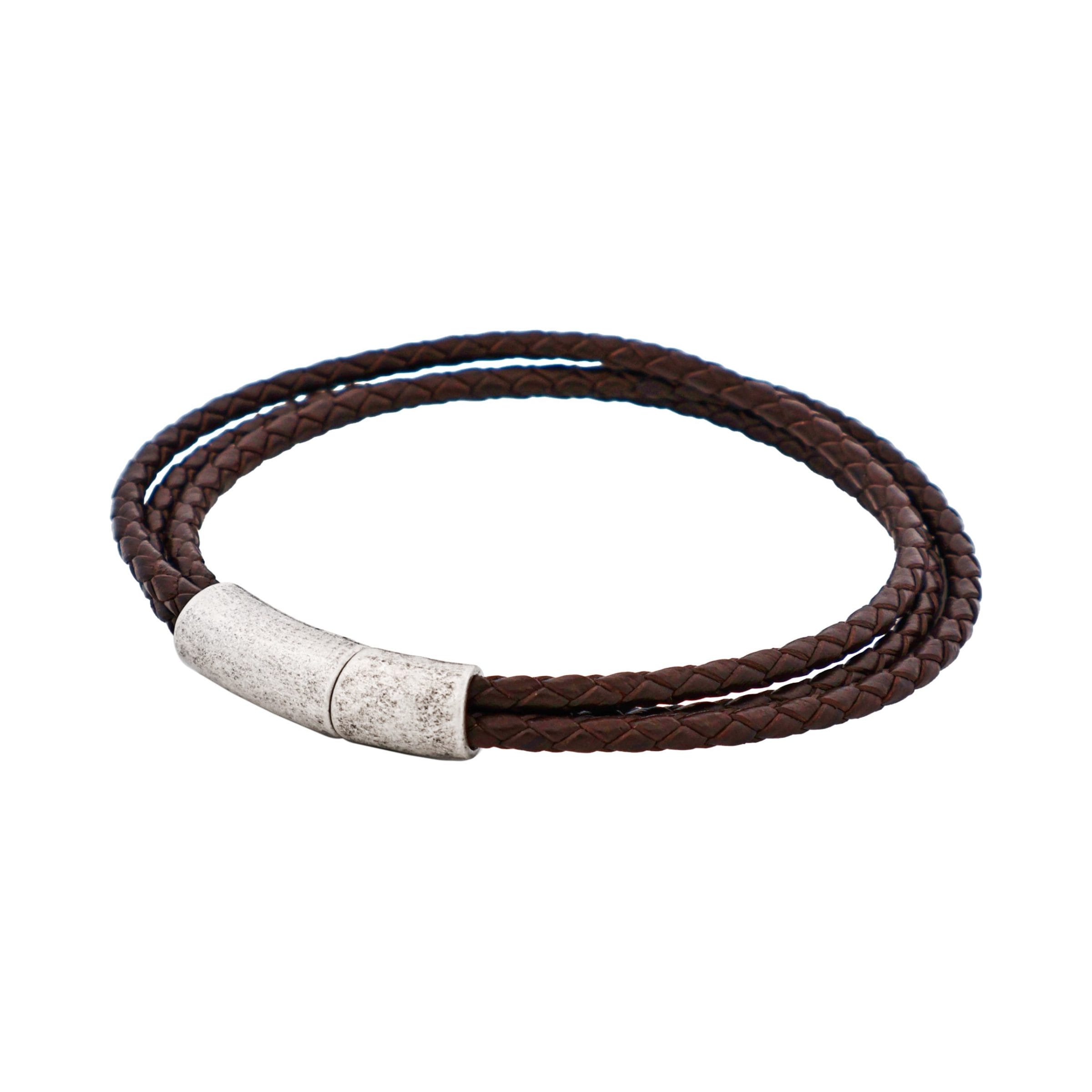 Brown Leather Triple Strand Bracelet with Antique Plated Stainless Steel Clasp
