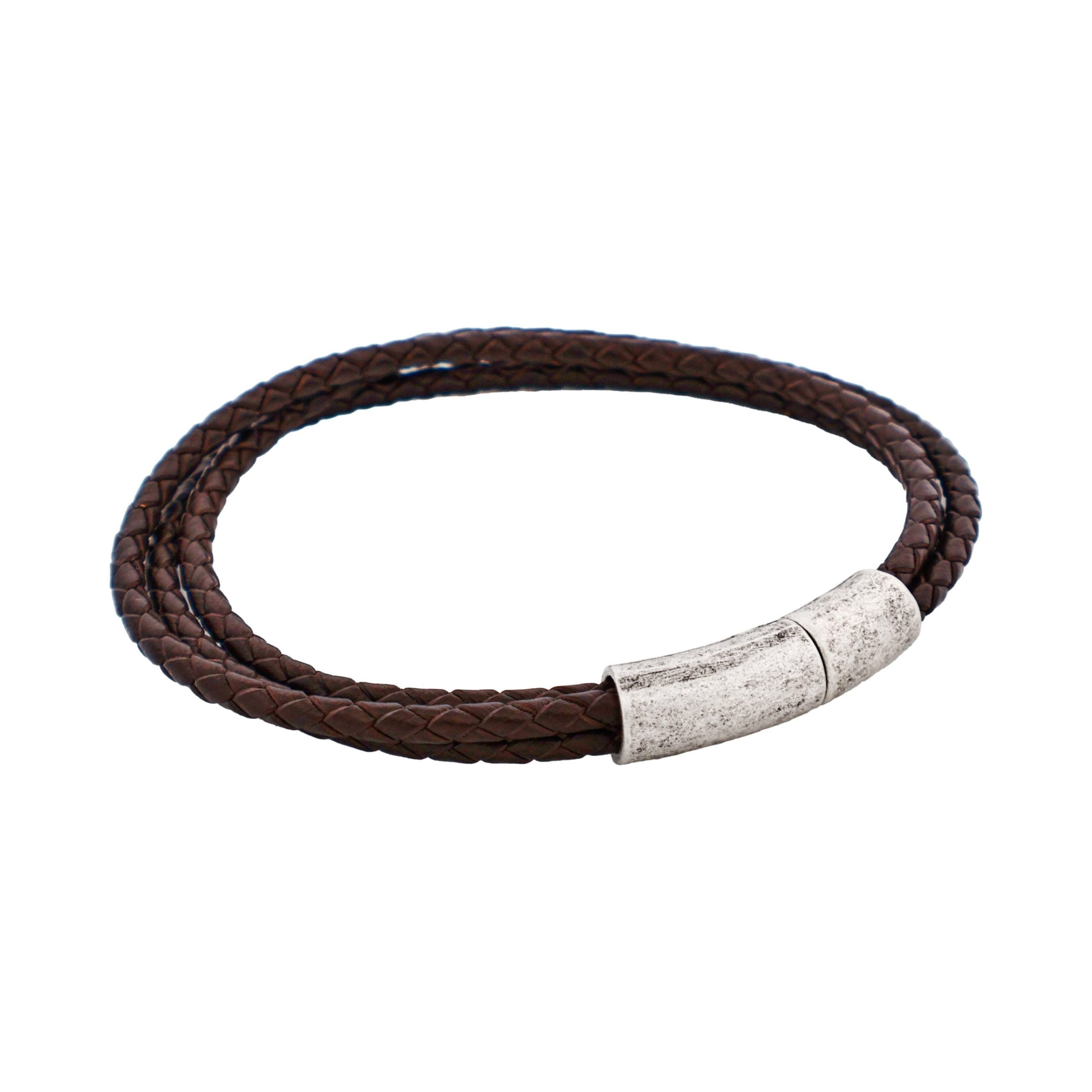 Brown Leather Triple Strand Bracelet with Antique Plated Stainless Steel Clasp