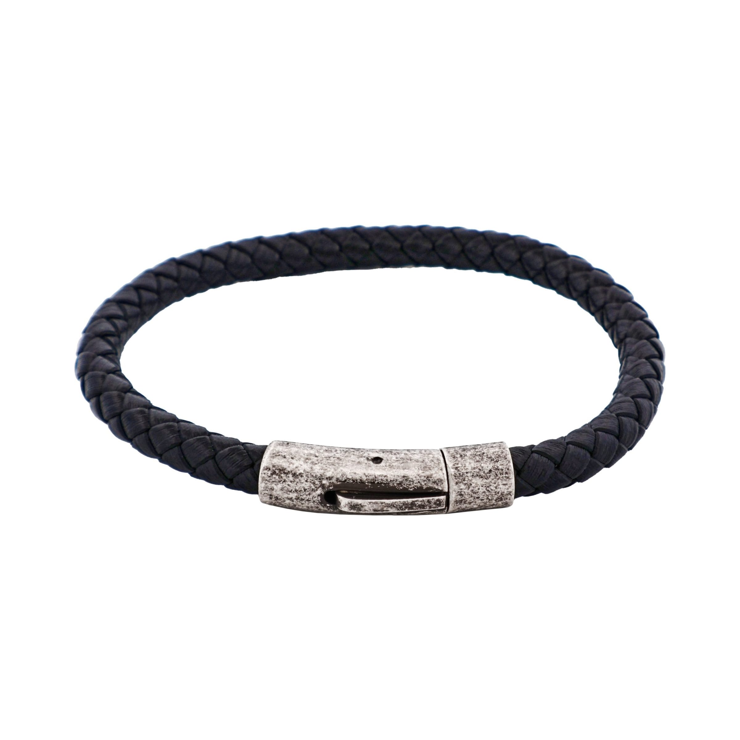 Black Leather Plaited Bracelet with Antique Plated Stainless Steel Clasp