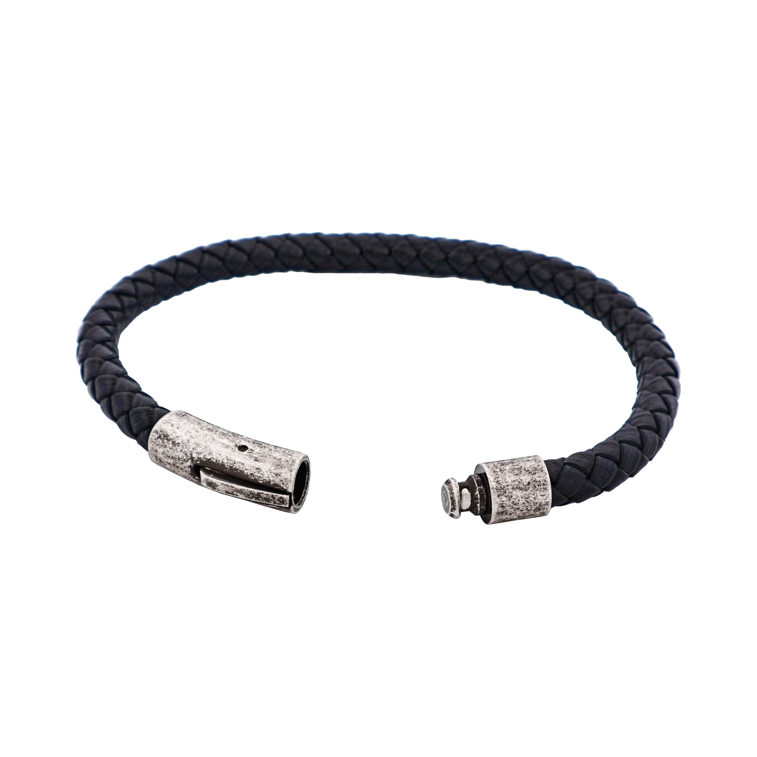 Black Leather Plaited Bracelet with Antique Plated Stainless Steel Clasp