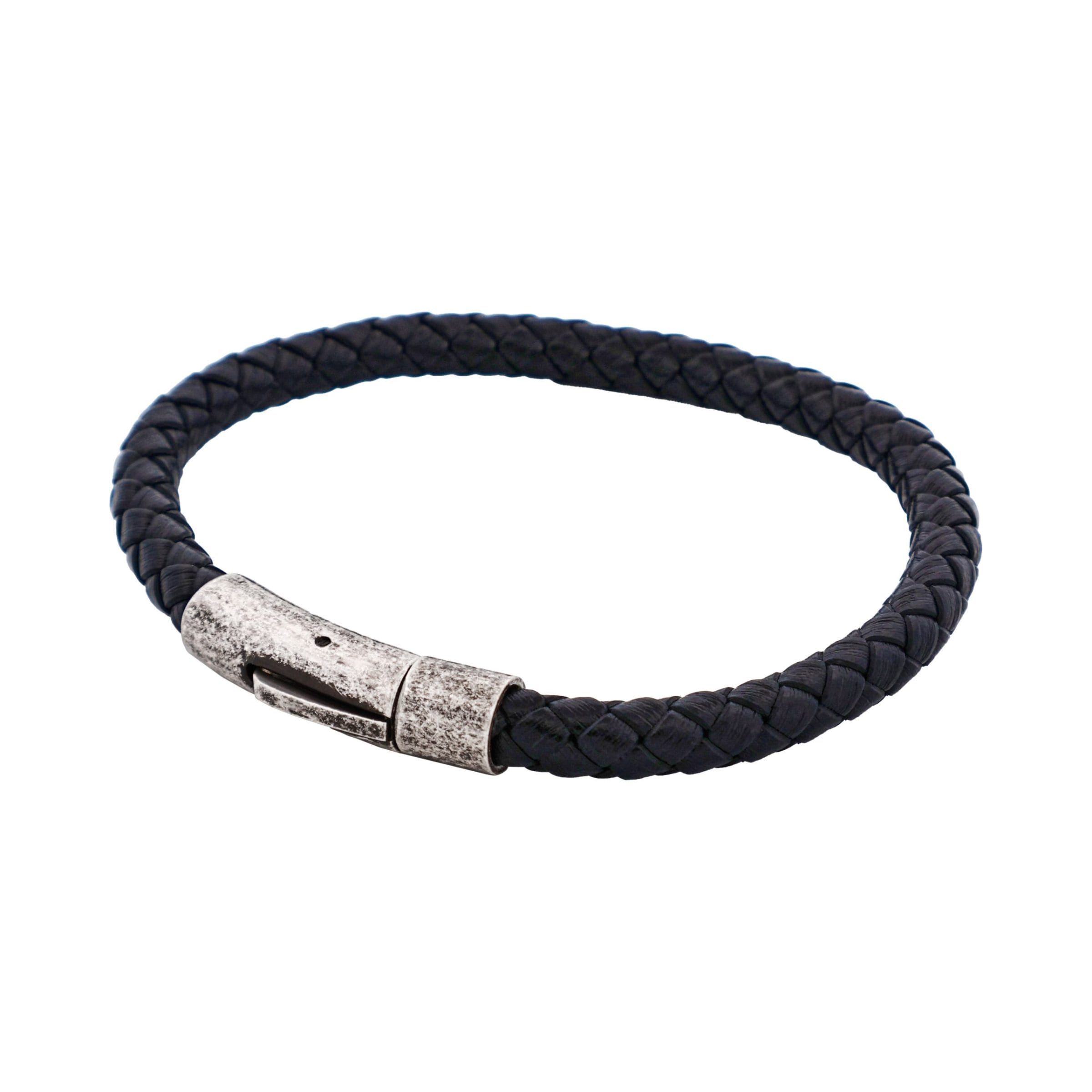 Black Leather Plaited Bracelet with Antique Plated Stainless Steel Clasp