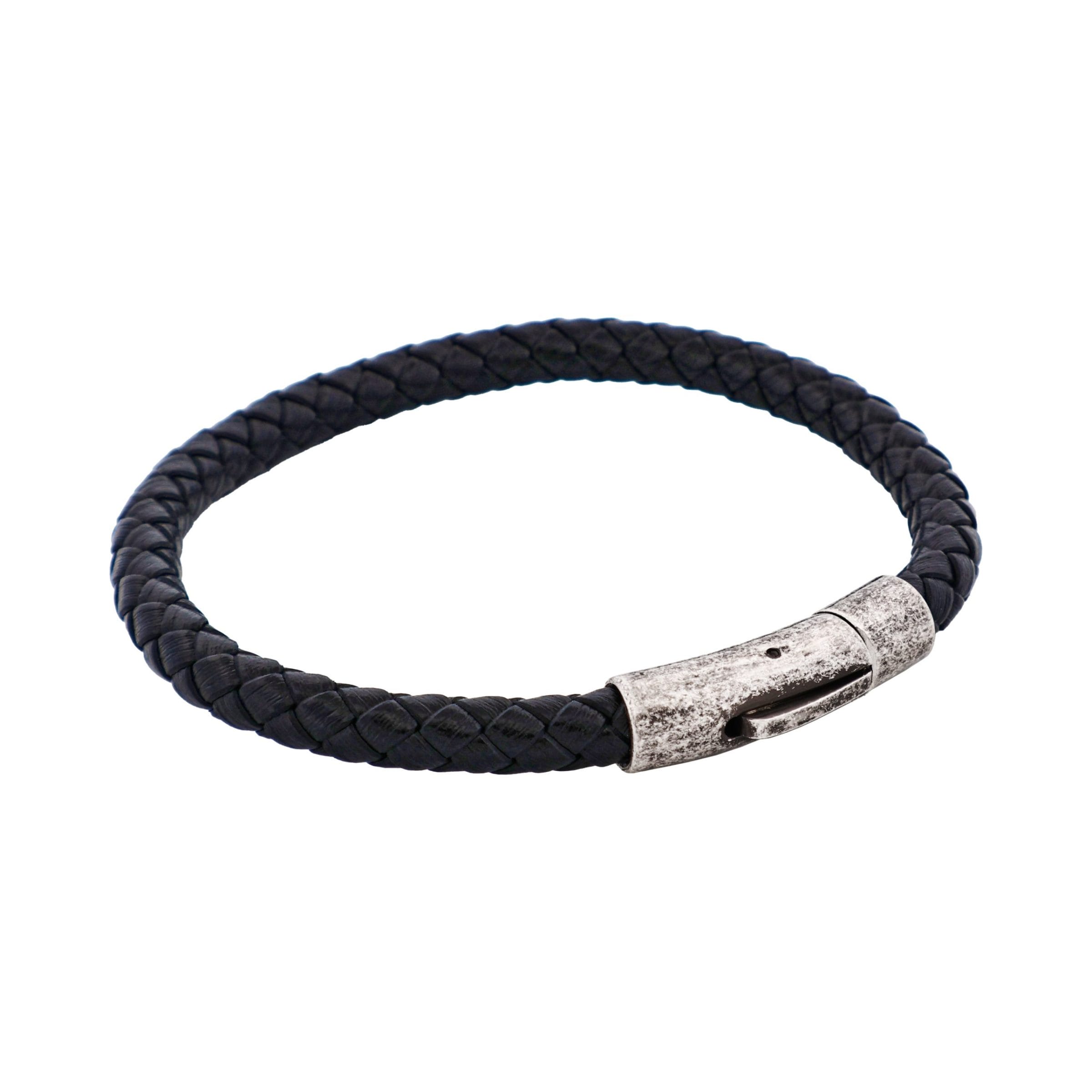 Black Leather Plaited Bracelet with Antique Plated Stainless Steel Clasp