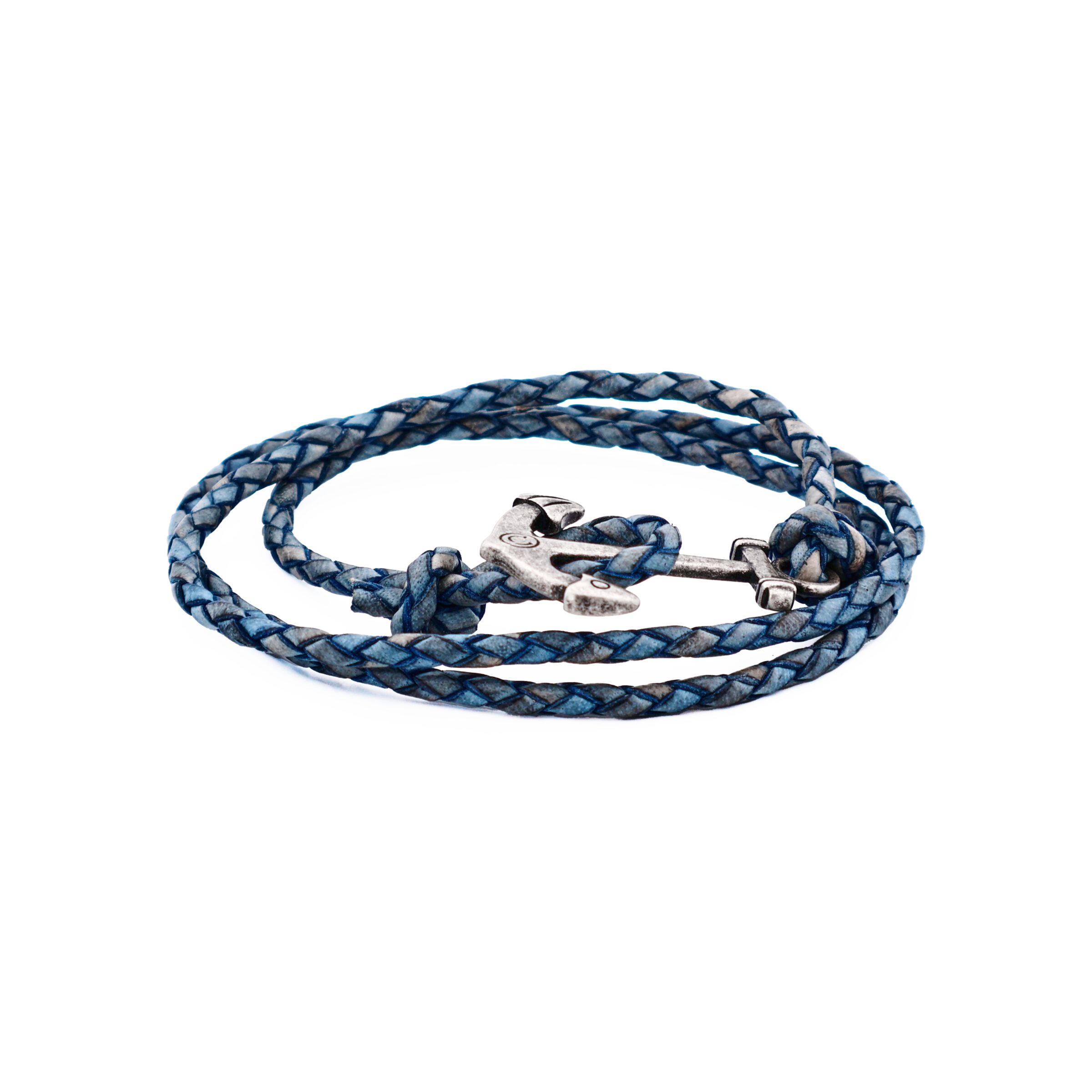 Antique Blue Leather & Antique Stainless Steel Anchor Bracelet