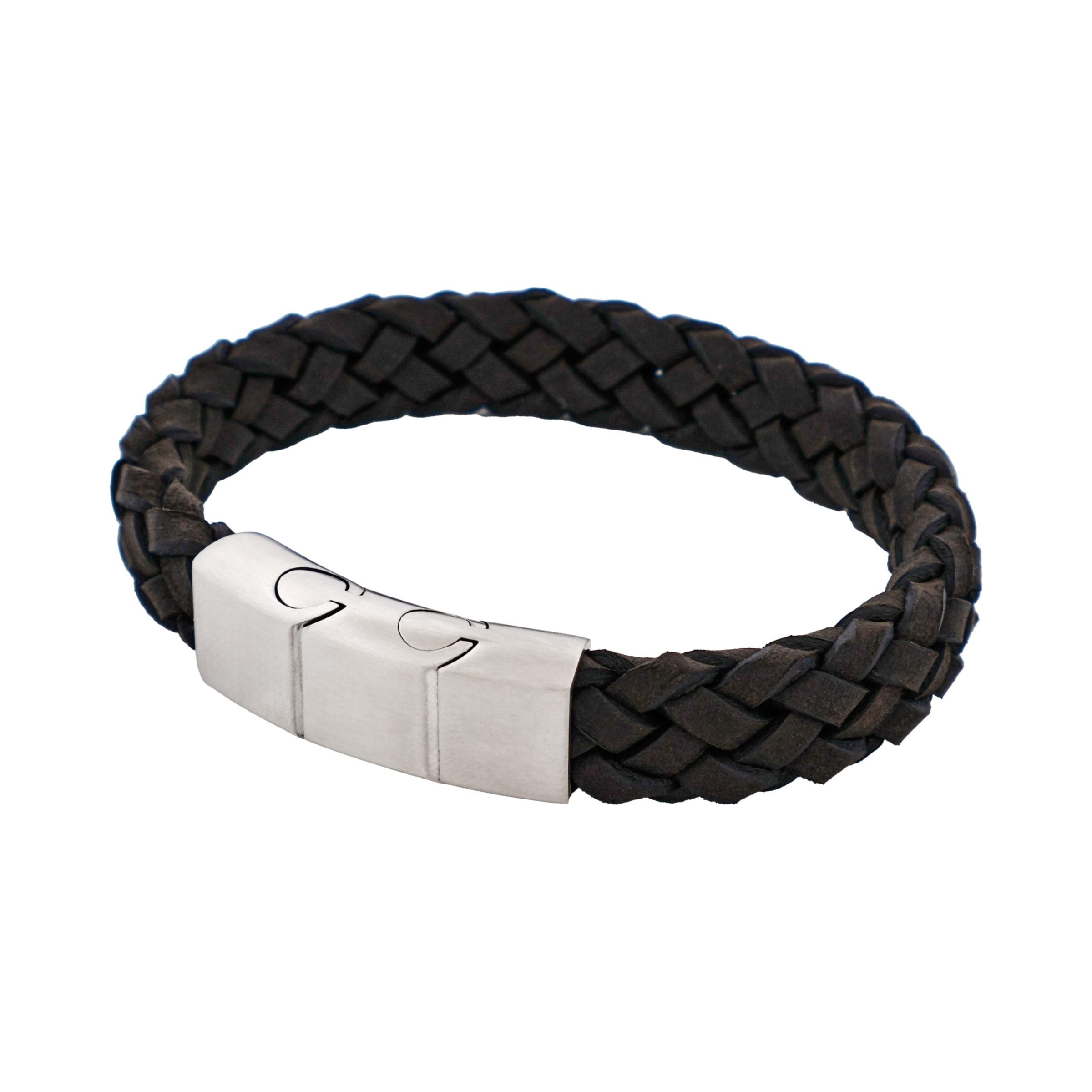 Braided Black Suede Italian Leather & Brushed Stainless Steel Bracelet