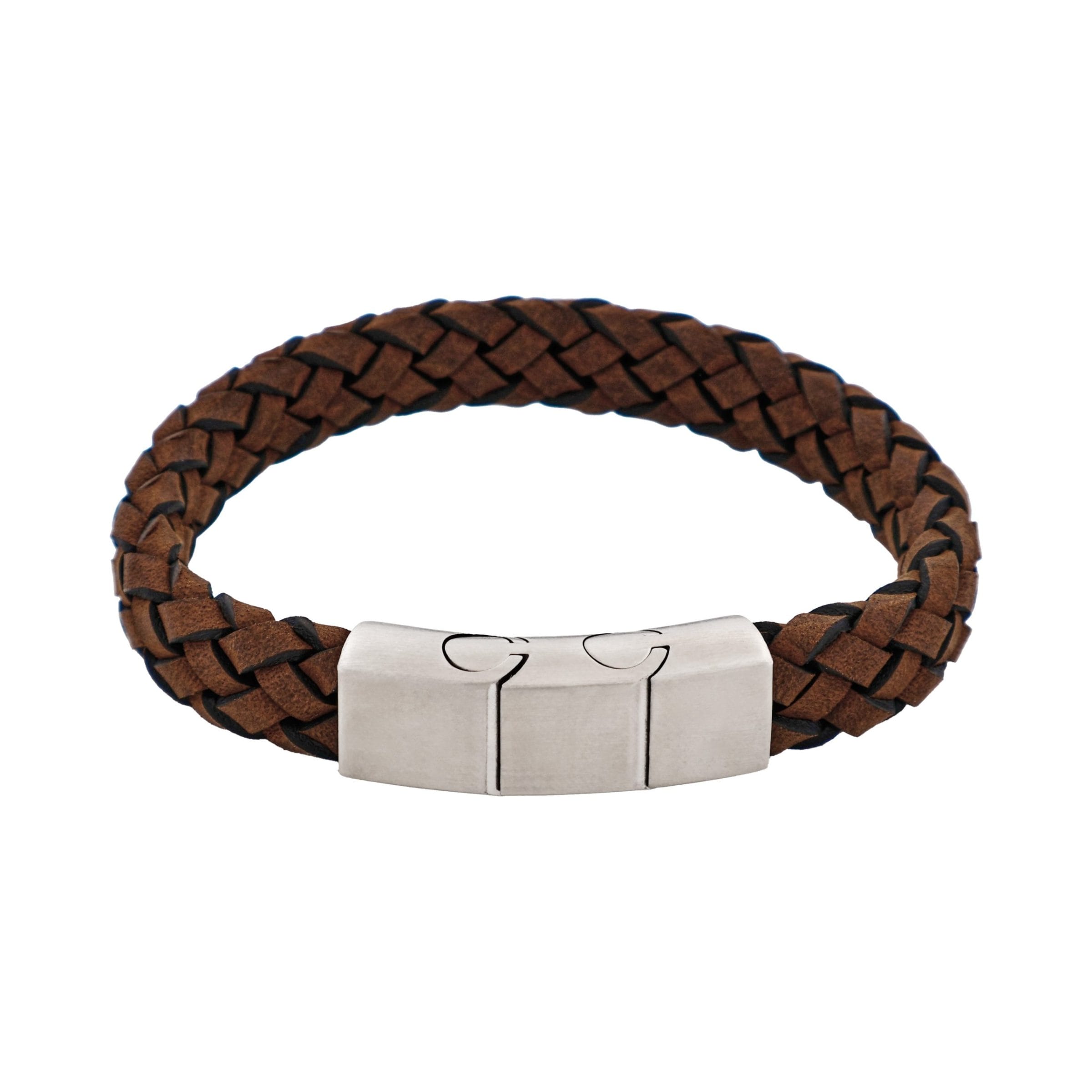 Braided Antique Brown Italian Suede Leather & Brushed Stainless Steel Bracelet