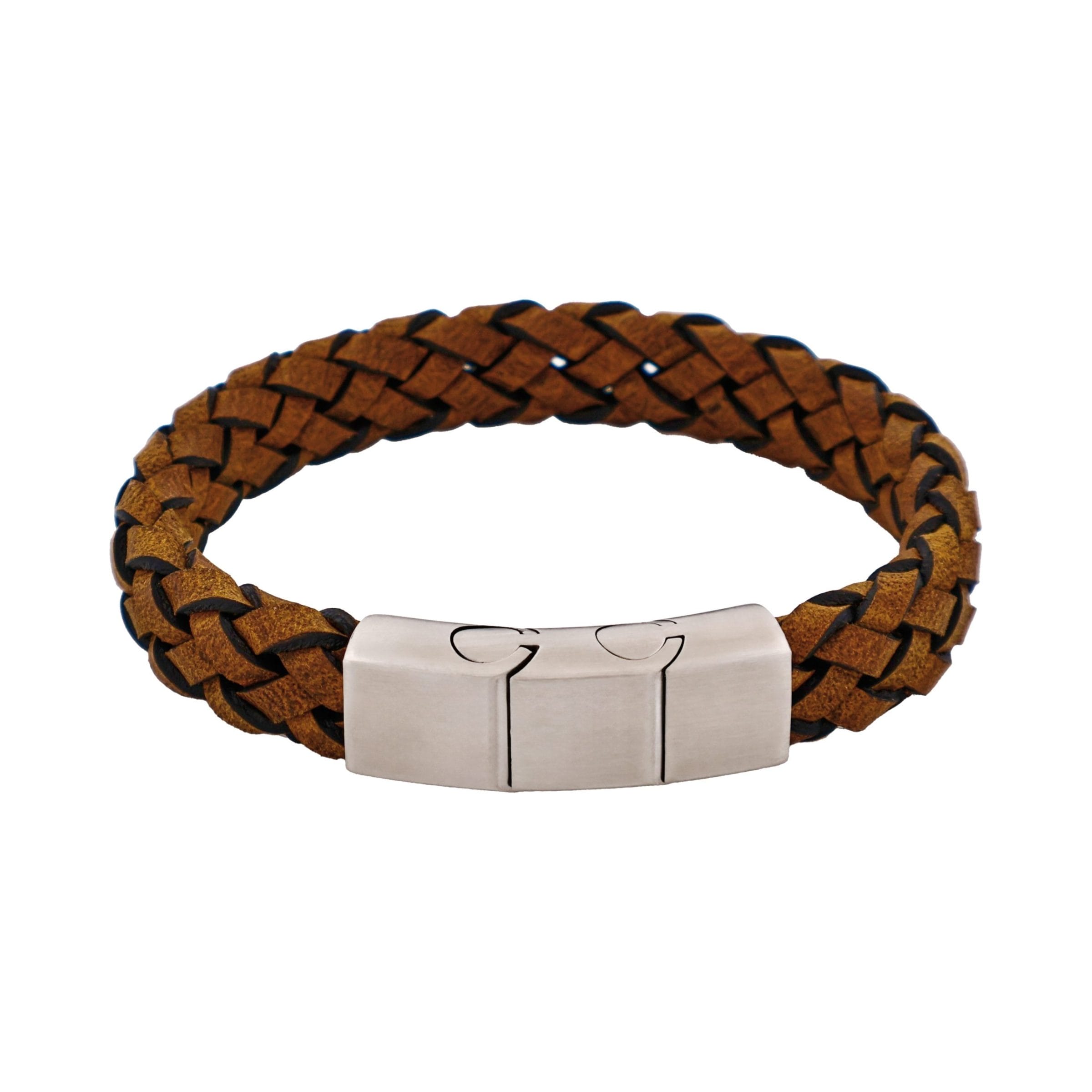 Stainless Steel & Dark Tan Italian Leather Bracelet