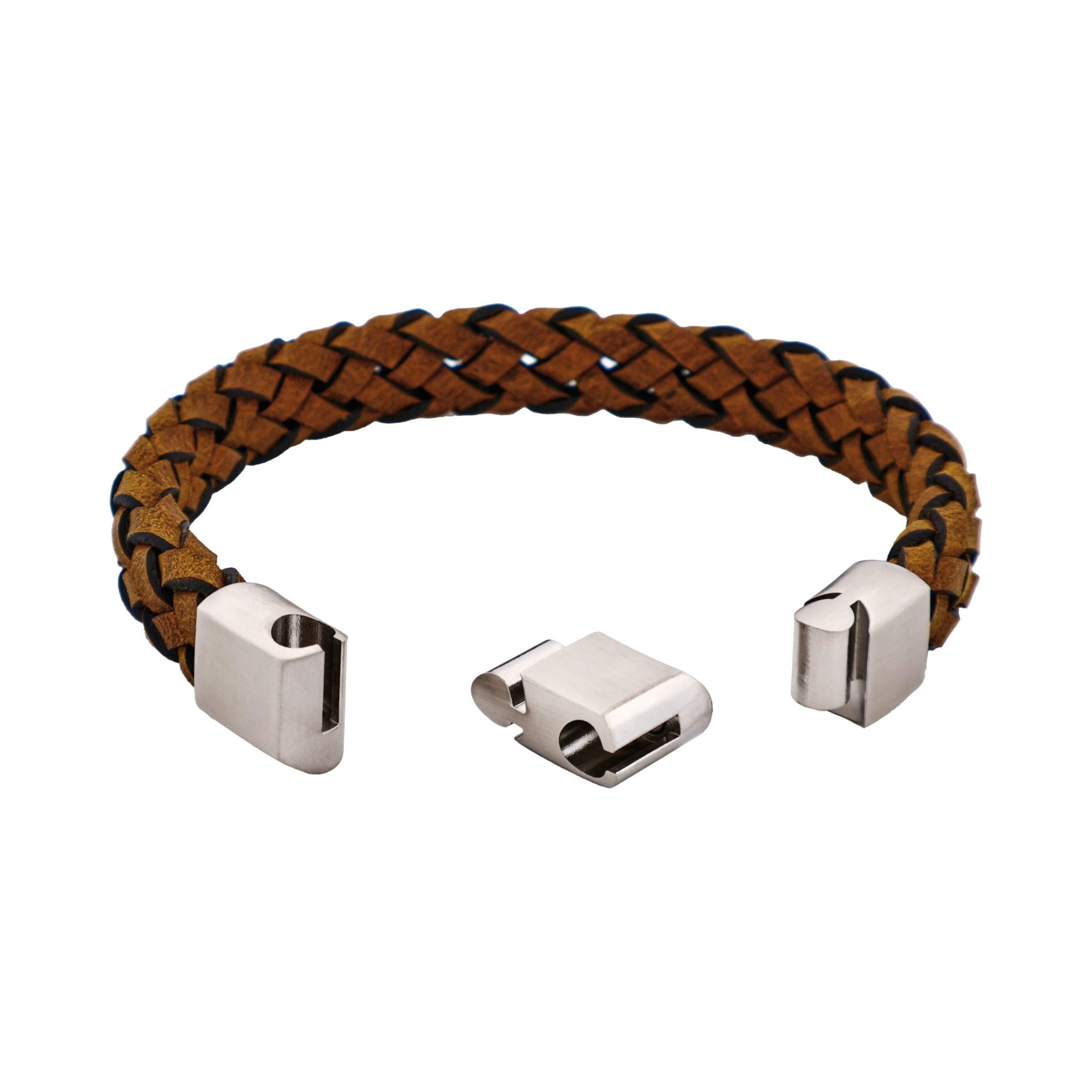 Stainless Steel & Dark Tan Italian Leather Bracelet