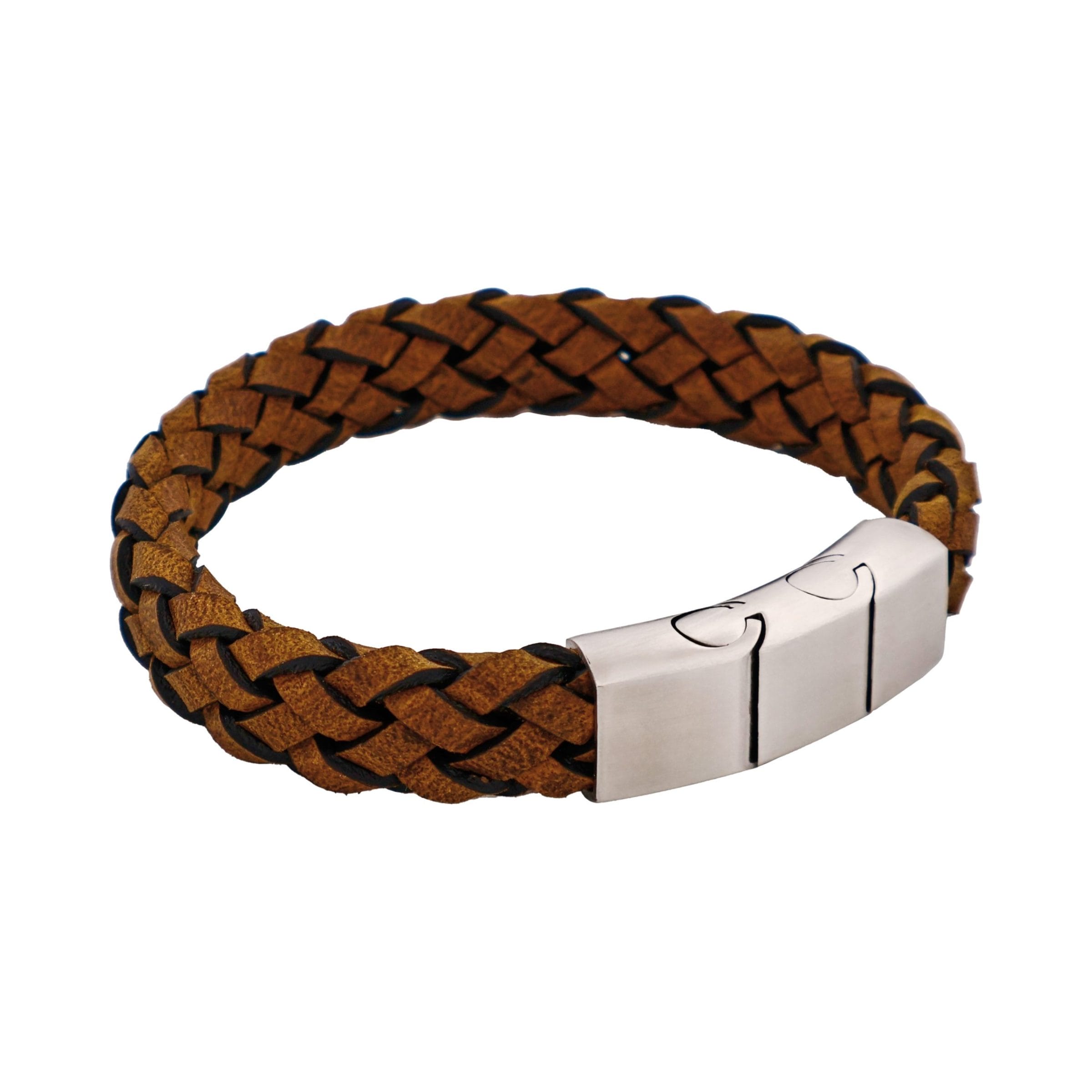 Stainless Steel & Dark Tan Italian Leather Bracelet