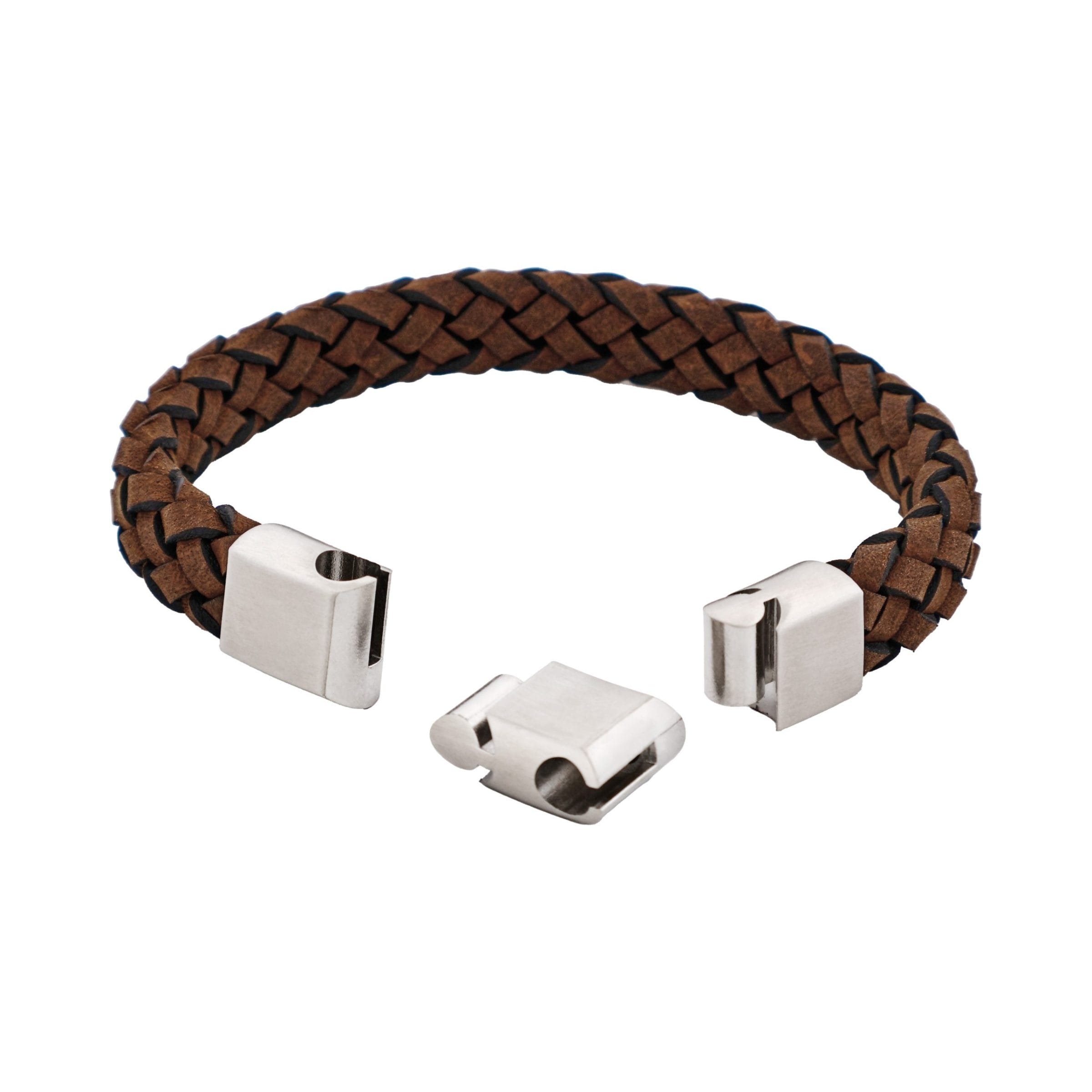 Braided Antique Brown Italian Suede Leather & Brushed Stainless Steel Bracelet