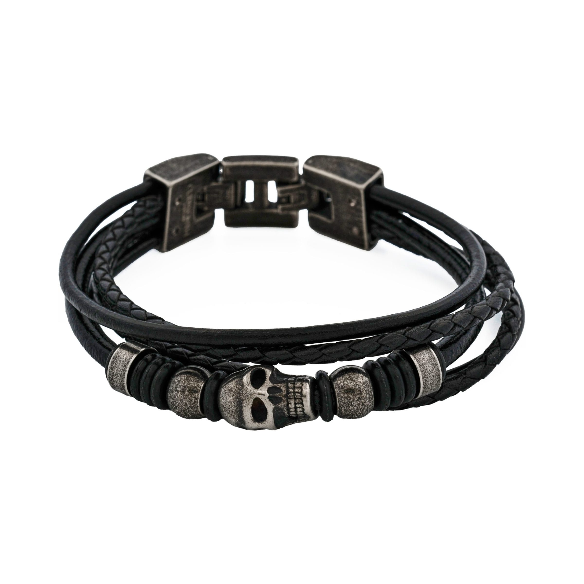 Skull Stygian Black Leather Bracelet