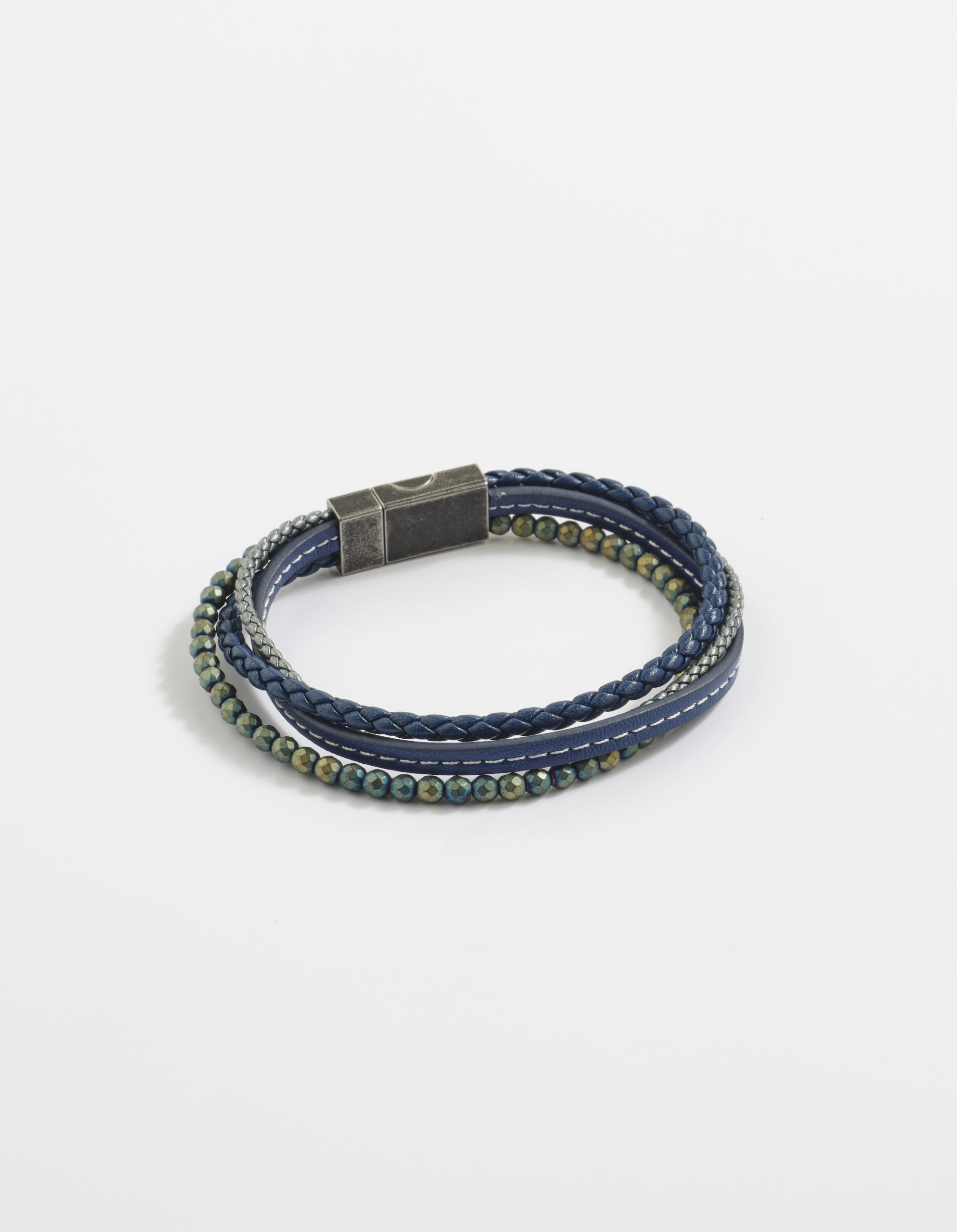Multi-Strand Blue Leather & Hematite Beads Bracelet with Ion Plated Antique Stainless Steel Magnetic Clasp