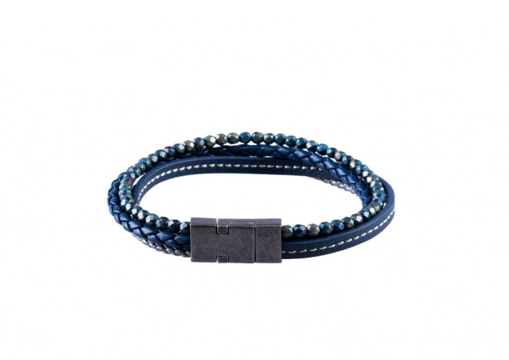 Multi-Strand Blue Leather & Hematite Beads Bracelet with Ion Plated Antique Stainless Steel Magnetic Clasp