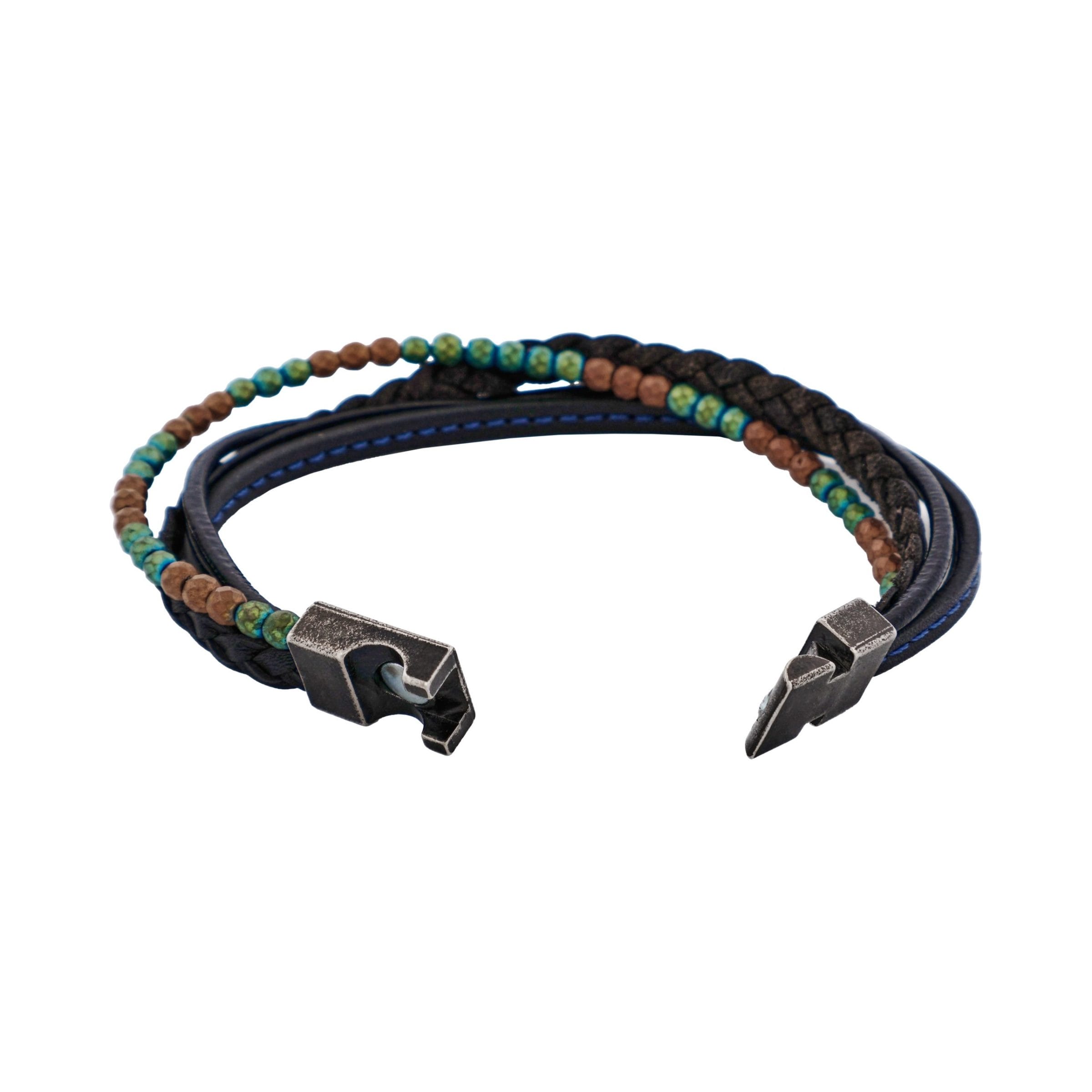 Multi-Strand Black Leather & Earth Coloured Hematite Beads Bracelet with Ion Plated Antique Stainless Steel Magnetic Clasp