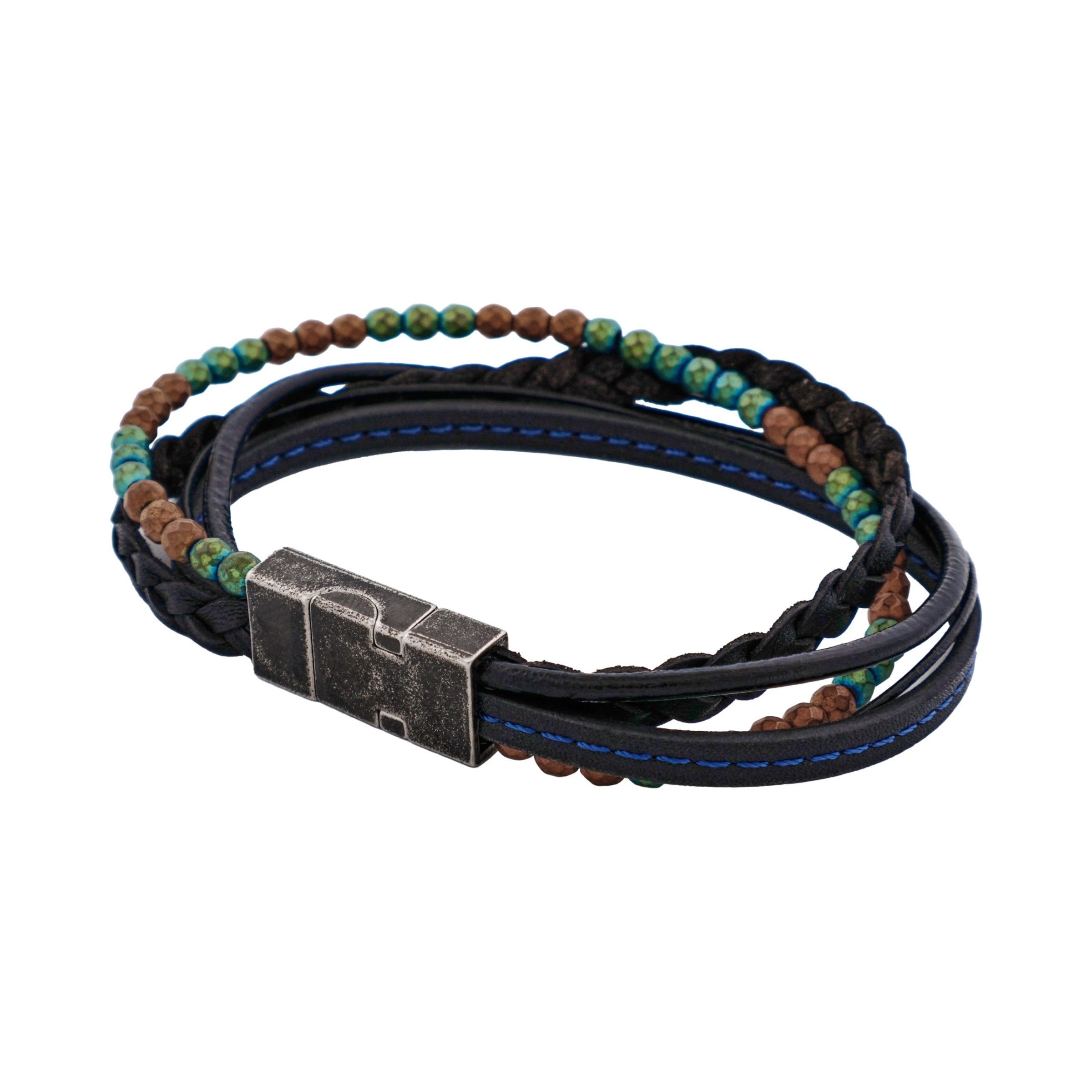 Multi-Strand Black Leather & Earth Coloured Hematite Beads Bracelet with Ion Plated Antique Stainless Steel Magnetic Clasp