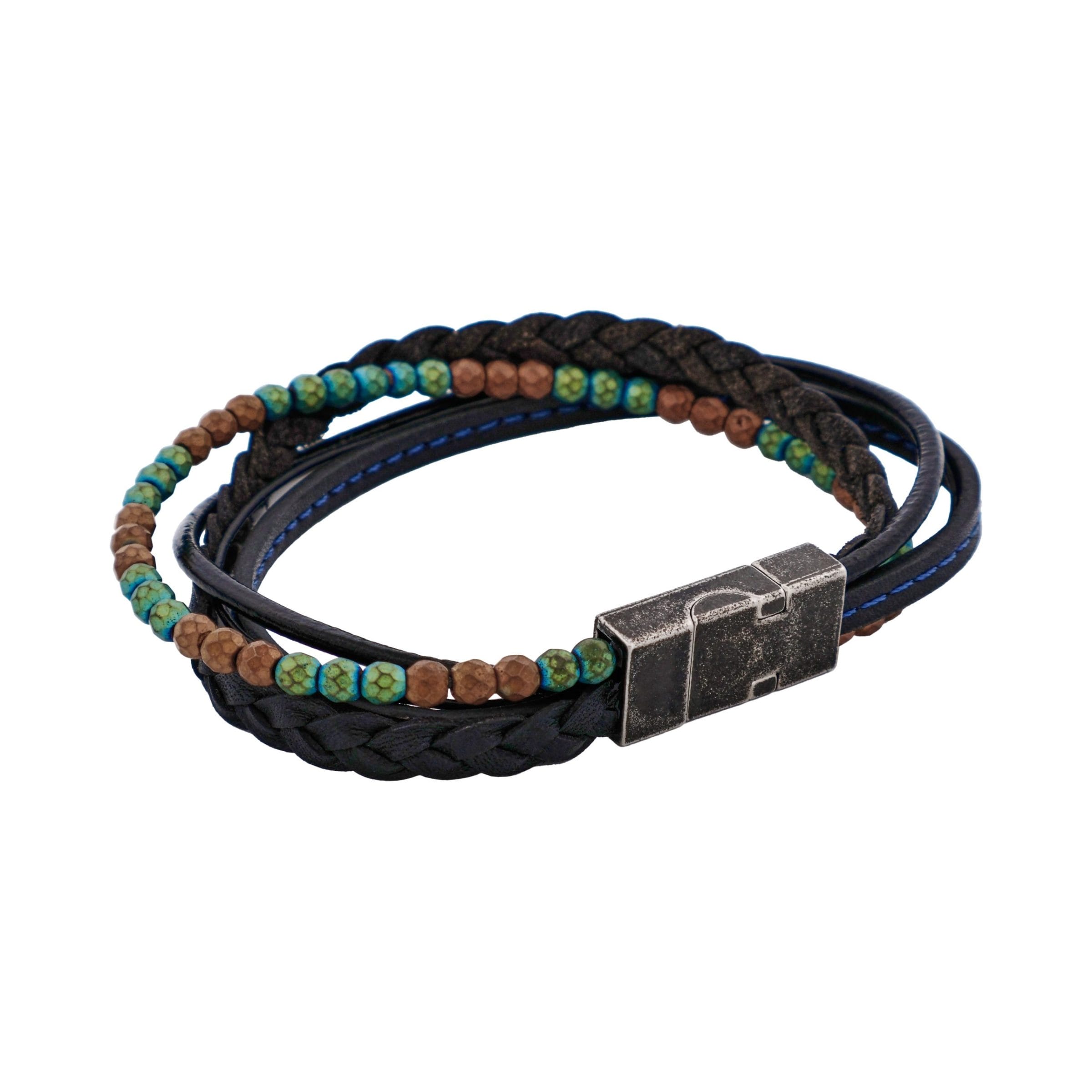 Multi-Strand Black Leather & Earth Coloured Hematite Beads Bracelet with Ion Plated Antique Stainless Steel Magnetic Clasp
