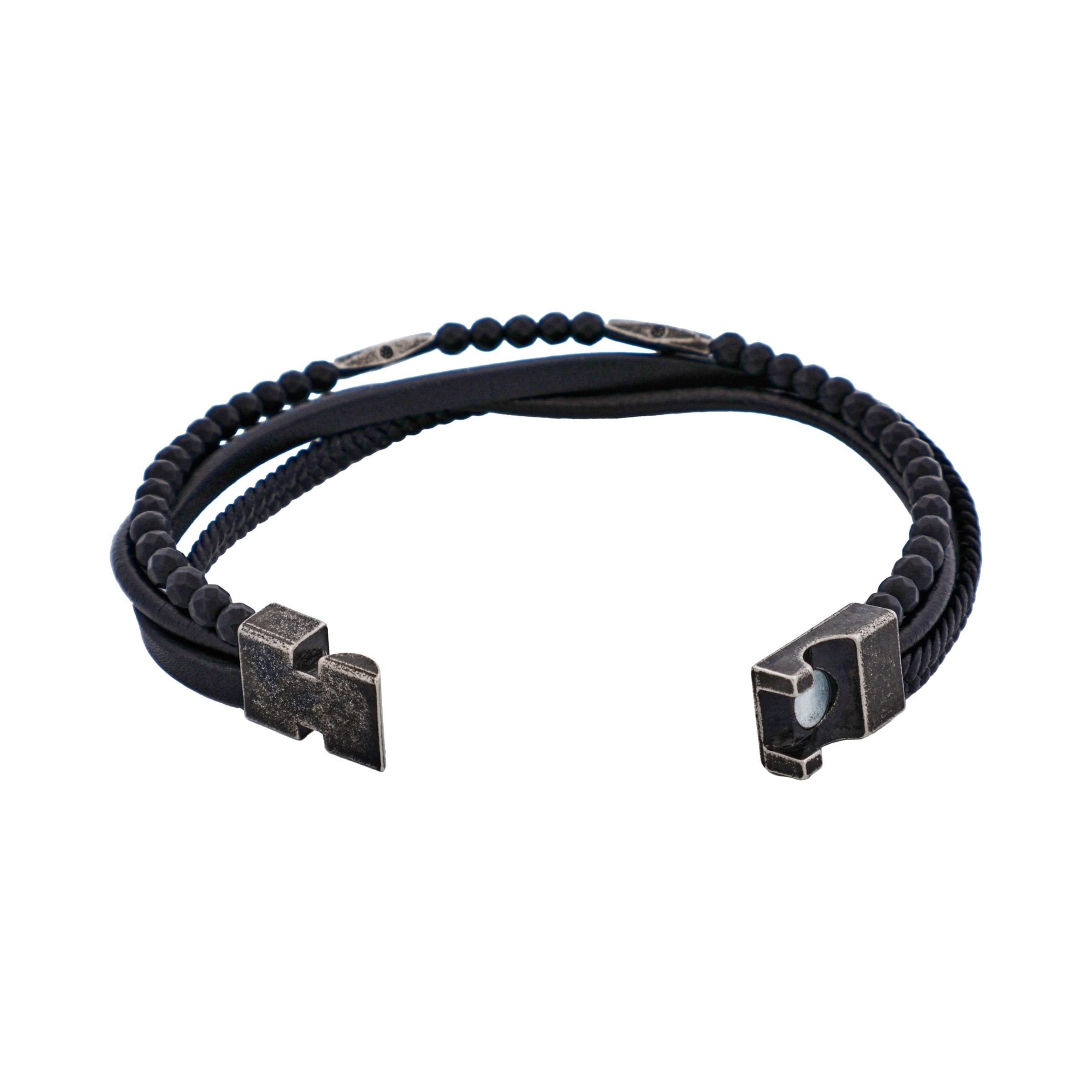 Multi-Strand Black Leather & Black Hematite Beads Bracelet with Ion Plated Antique Stainless Steel Magnetic Clasp