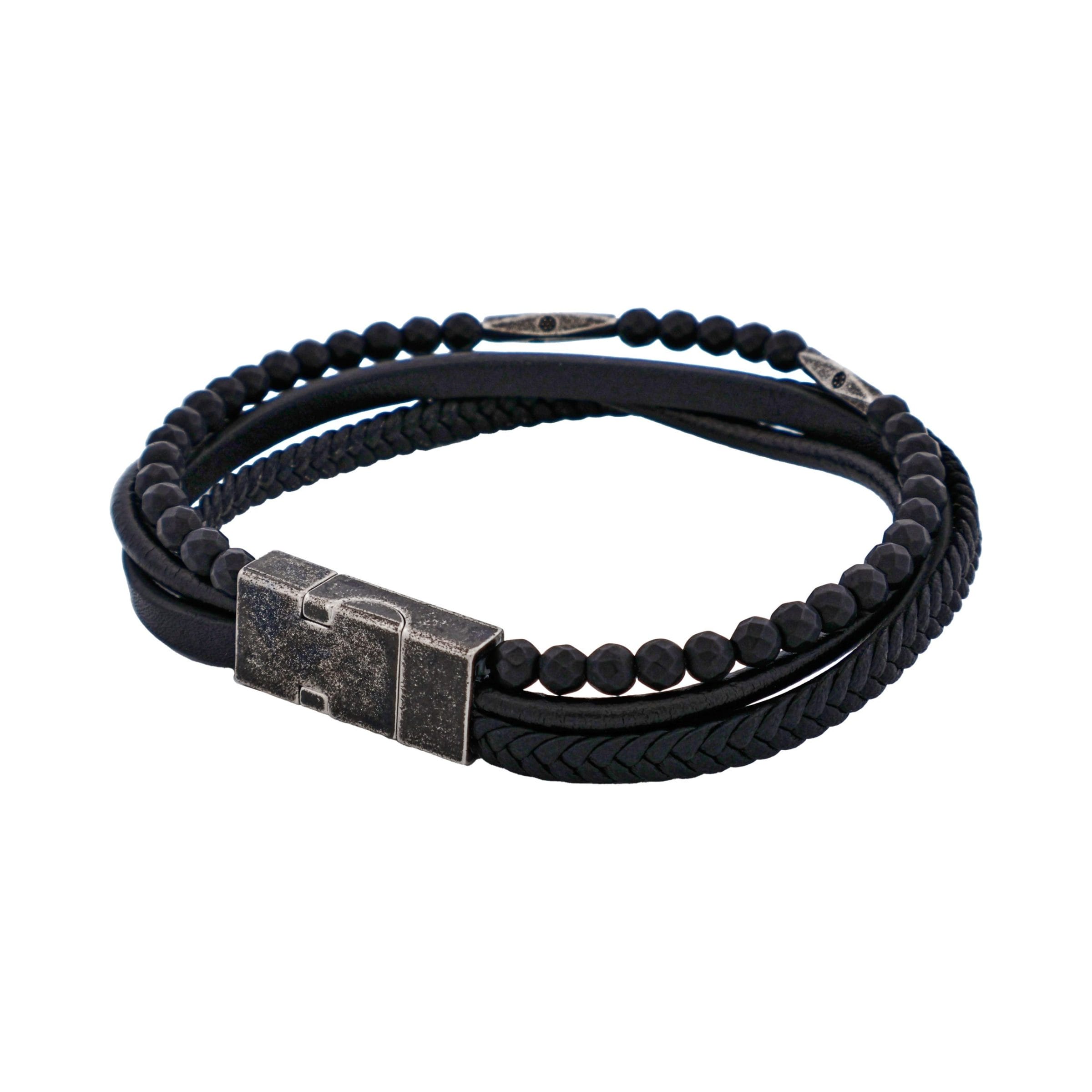 Multi-Strand Black Leather & Black Hematite Beads Bracelet with Ion Plated Antique Stainless Steel Magnetic Clasp