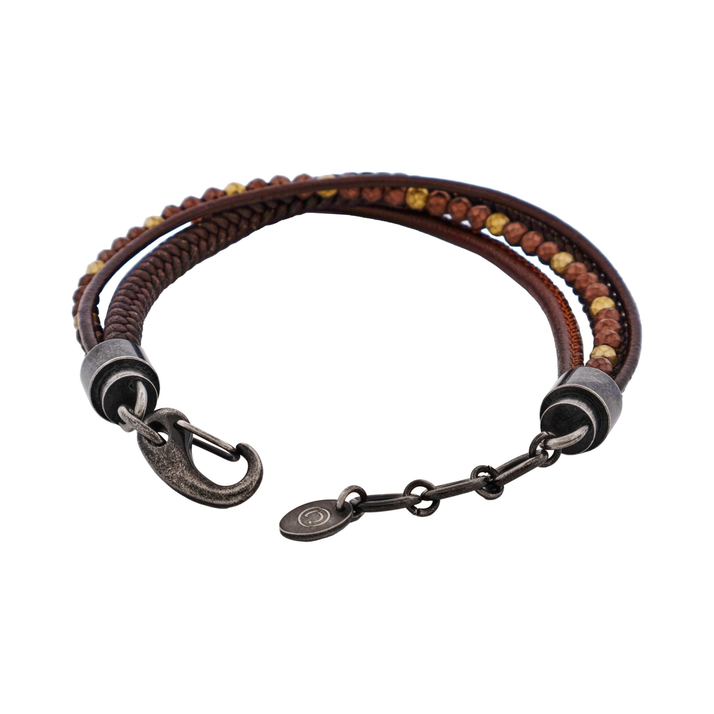 Multi-Strand Brown Leather & Hematite Beads Bracelet with Ion Plated Antique Stainless Steel Clasp
