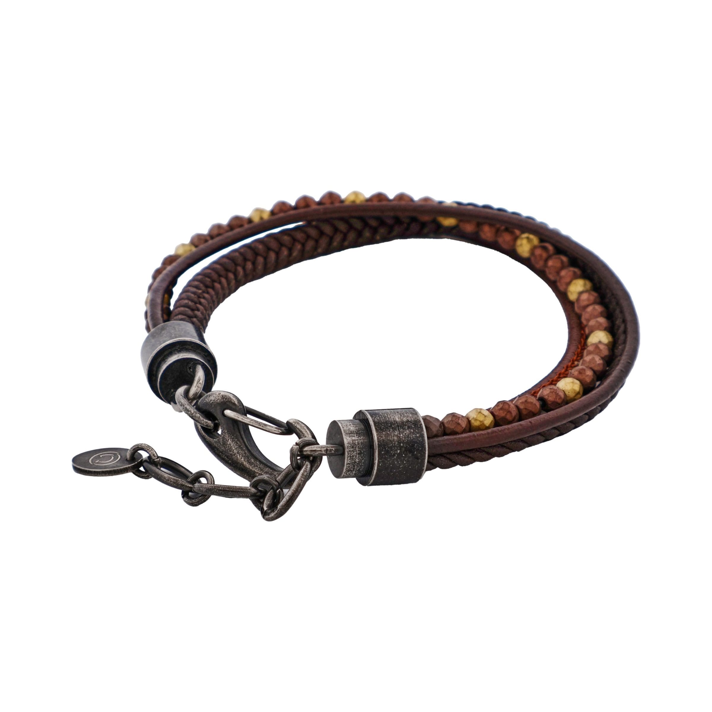 Multi-Strand Brown Leather & Hematite Beads Bracelet with Ion Plated Antique Stainless Steel Clasp