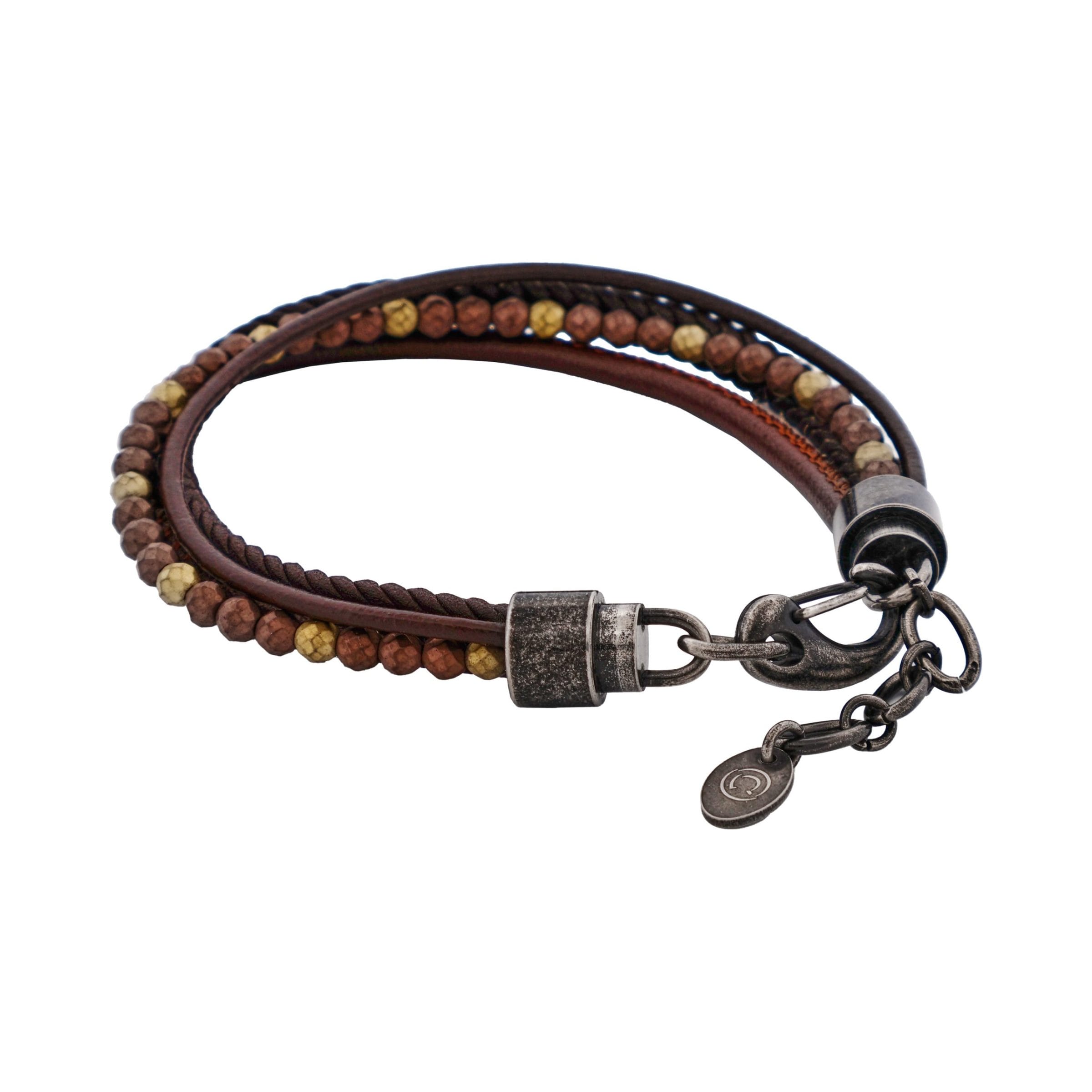 Multi-Strand Brown Leather & Hematite Beads Bracelet with Ion Plated Antique Stainless Steel Clasp