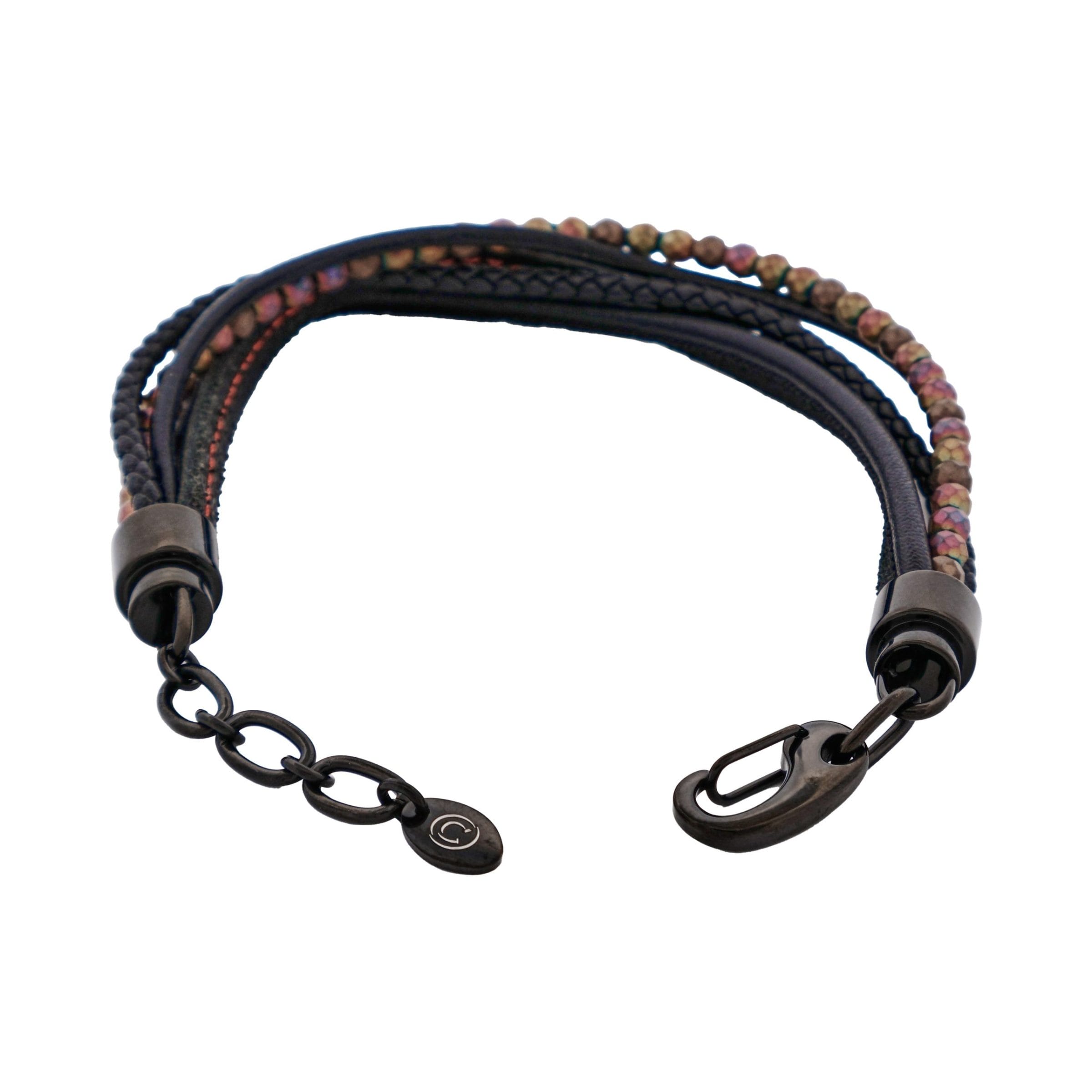 Multi-Strand Black Leather & Hematite Beads Bracelet with Ion Plated Black Polished Stainless Steel Clasp