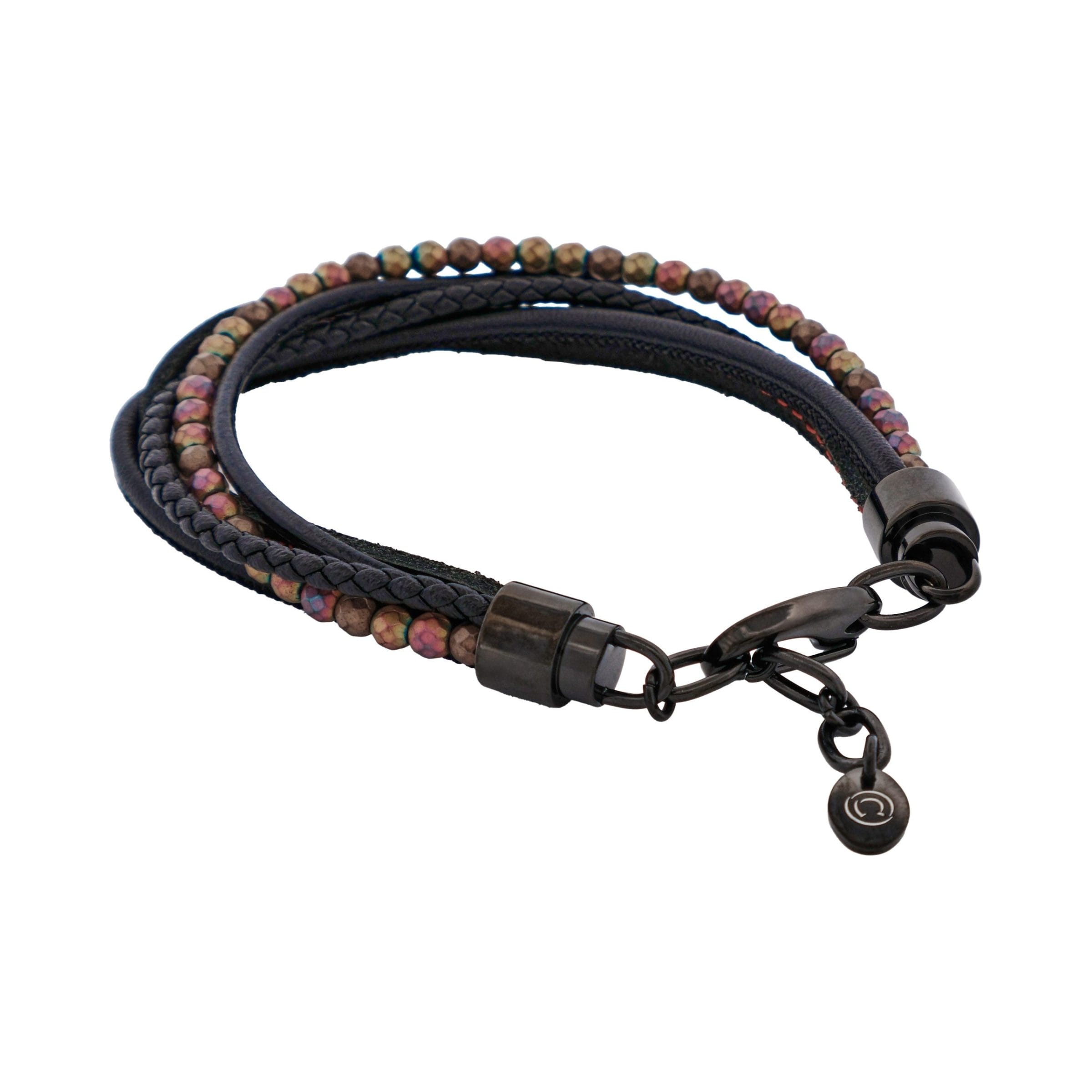 Multi-Strand Black Leather & Hematite Beads Bracelet with Ion Plated Black Polished Stainless Steel Clasp