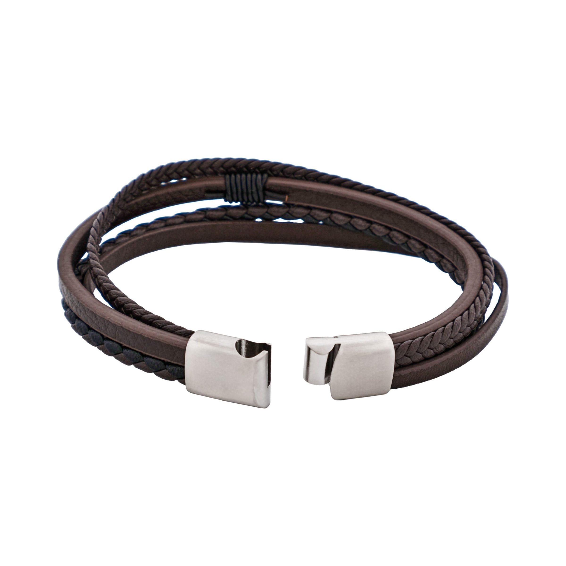 Dark Brown Multi Strand Leather & Stainless Steel Bracelet
