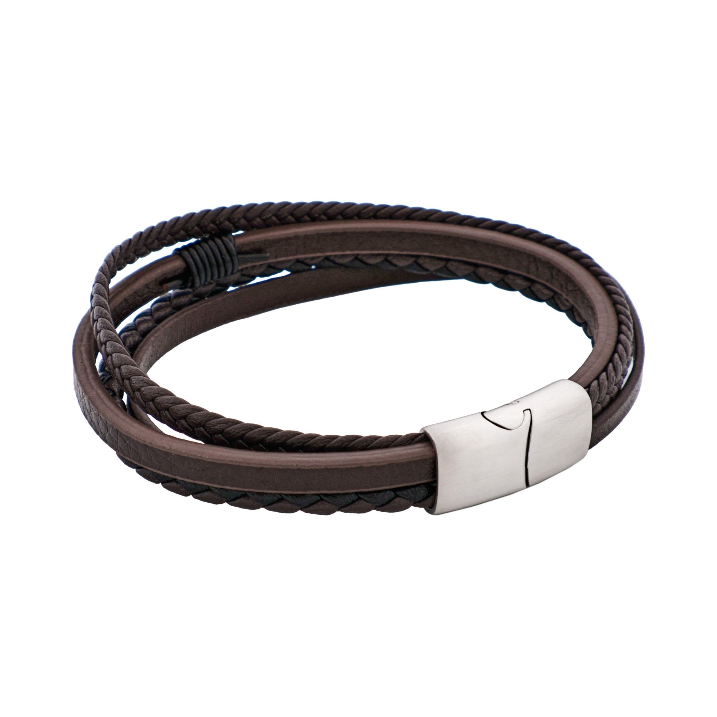 Dark Brown Multi Strand Leather & Stainless Steel Bracelet